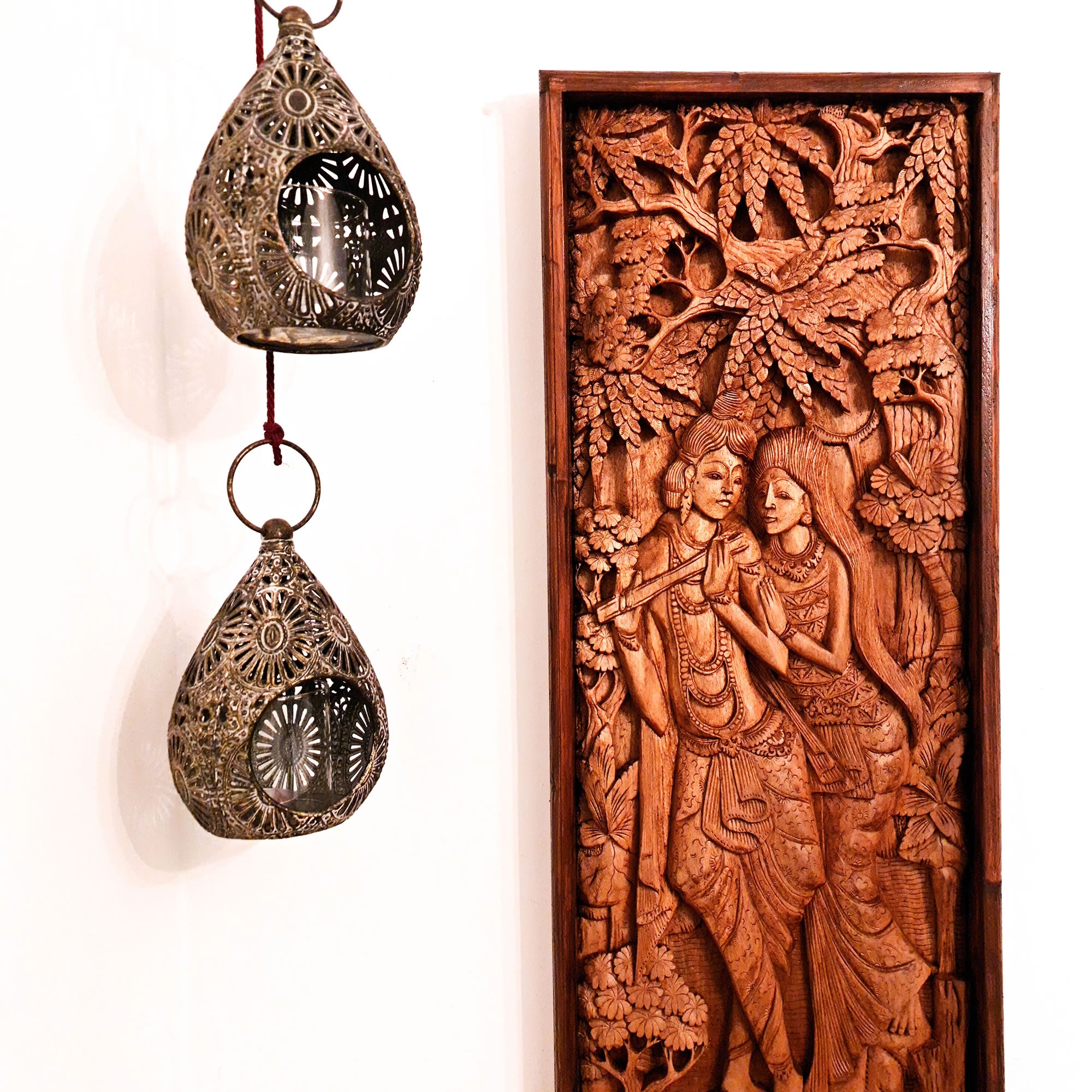 Radha Krishna Hindu God Mandir - Hand Carved Teakwood Decorative Long Wall Art Sculpture