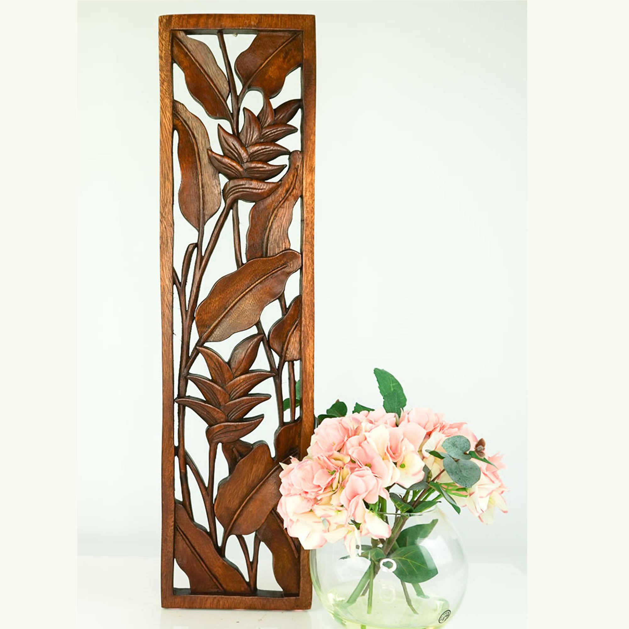 Lilies Lotus Hand-Carved Wooden Room Decorative Wall Art Long Garden Sculpture
