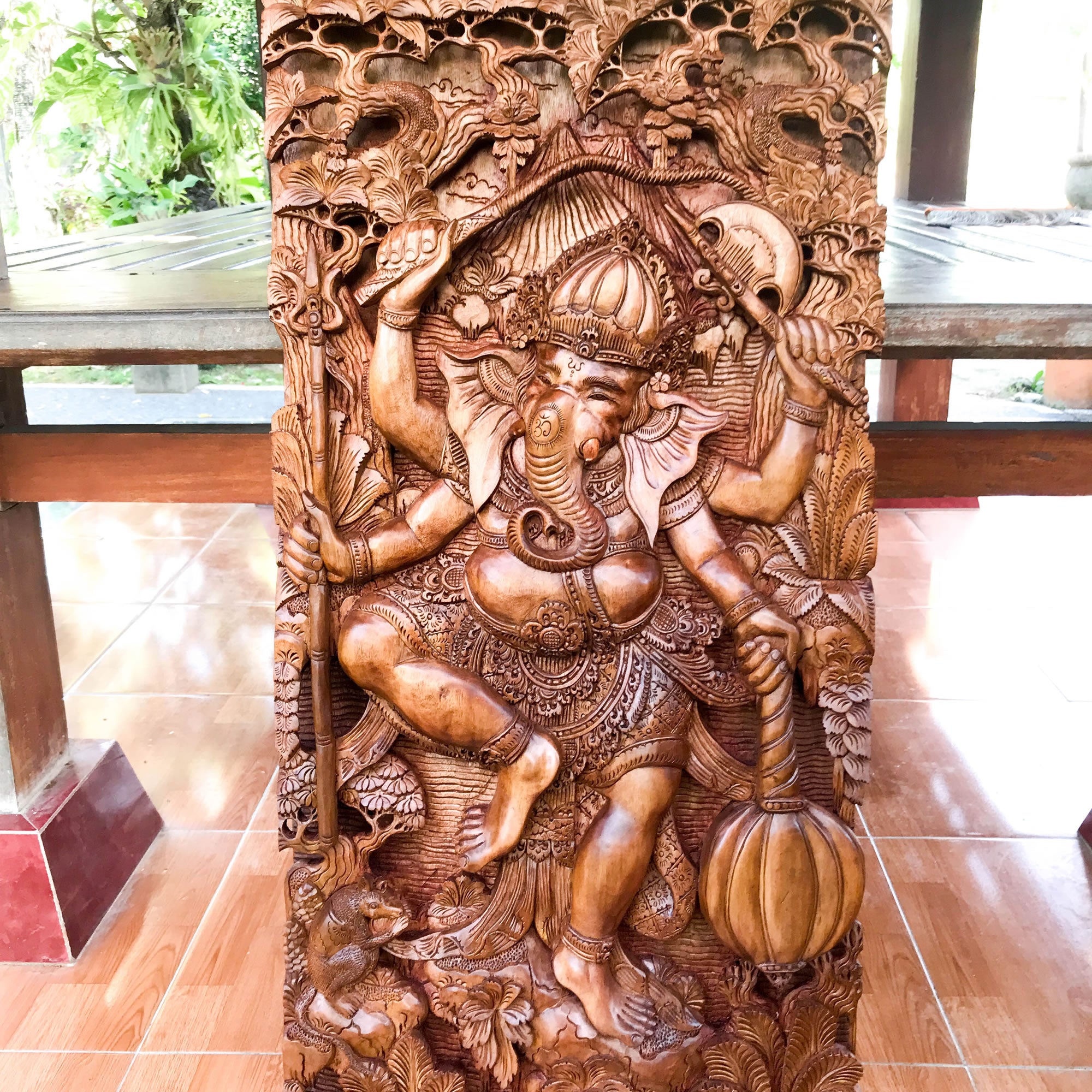 Hindu God Ganesha Hand-Carved Teakwood Decorative Sculpture Mandir Wall Art