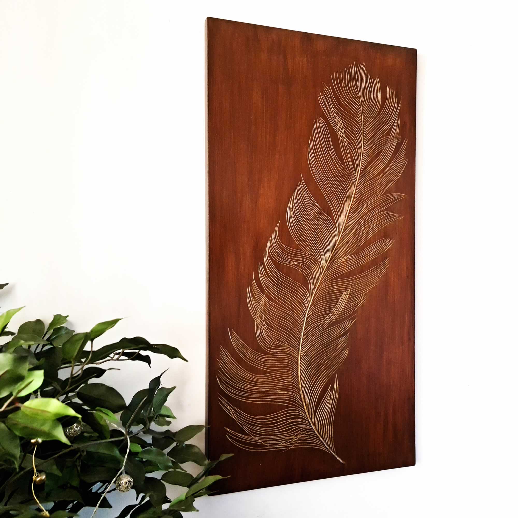 Golden Feather - Hand Carved Wooden Decorative Wall Art Sculpture Bohemian Wall Room Hanging Decor Easternada