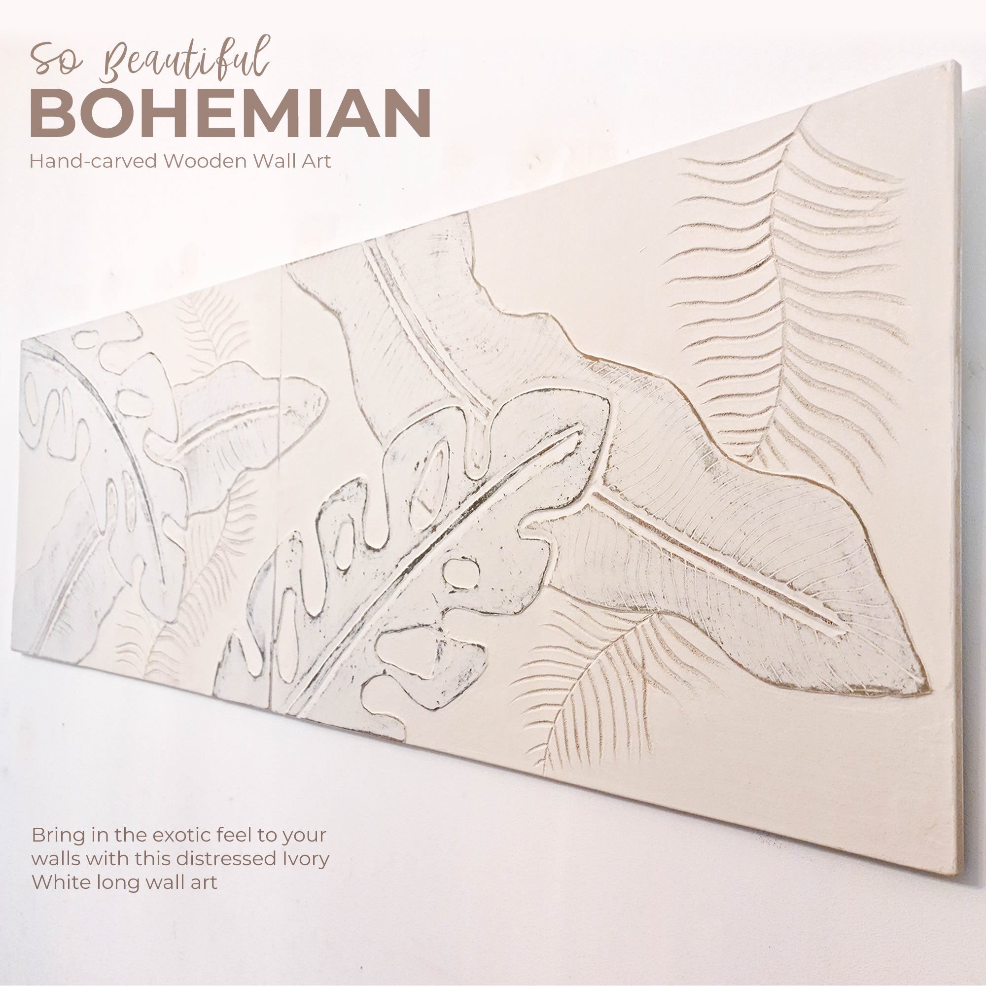 Distressed Leaves Long Bohemian Hand-carved Wooden Decorative Room Wall Art