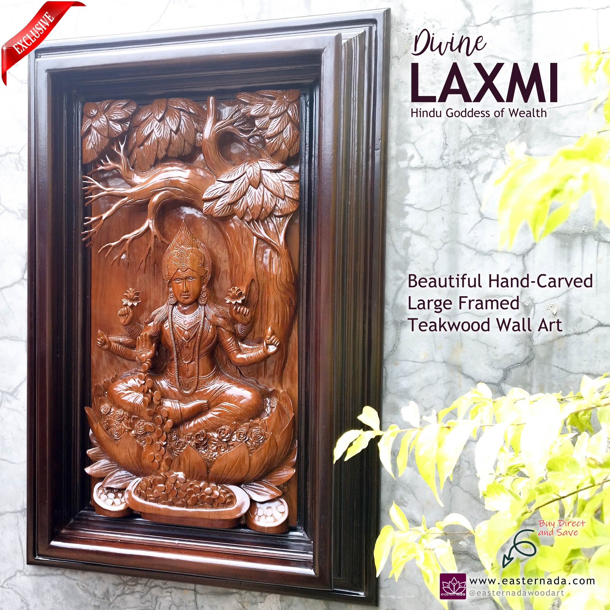 Hindu Goddess Laxmi Hand-Carved Teakwood Decorative Sculpture Mandir Wall Art