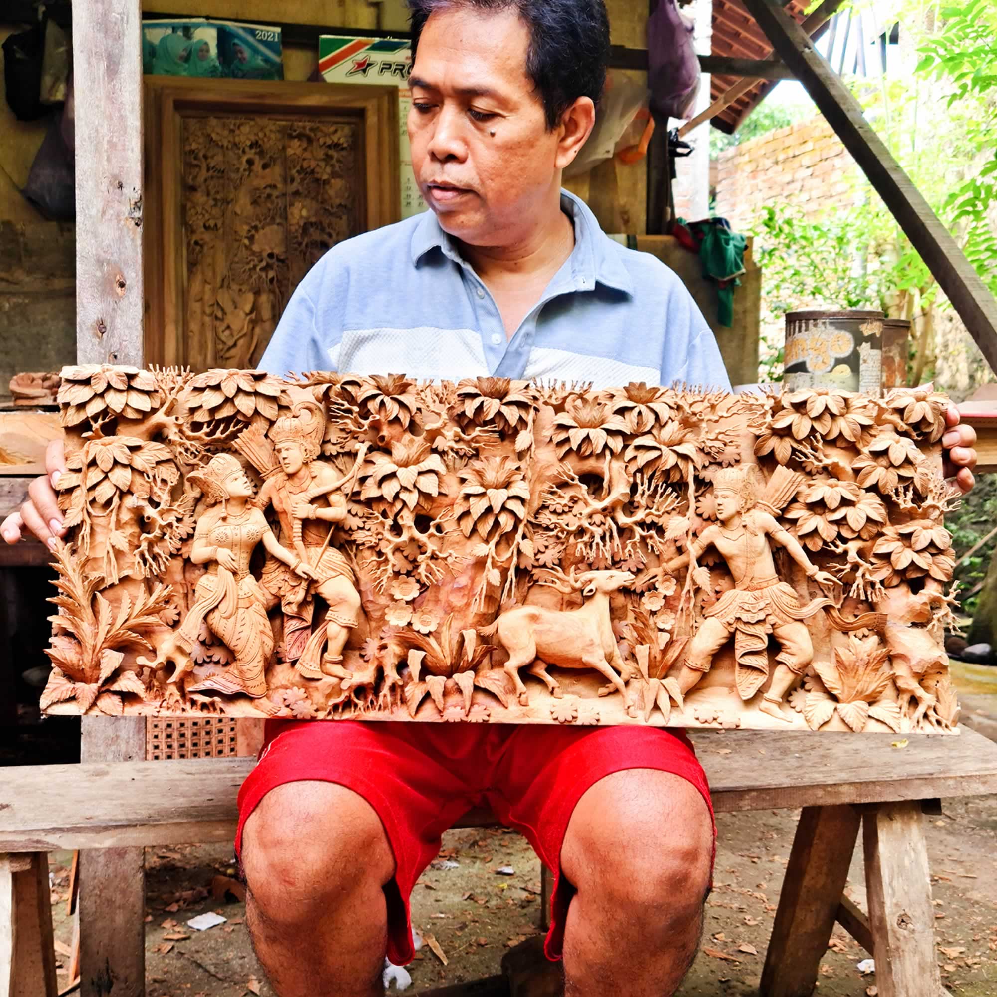 Hand Carved Teakwood Decorative Wall Art Sculpture Ram Sita Hindu Mandir Pooja Ramayana easternada