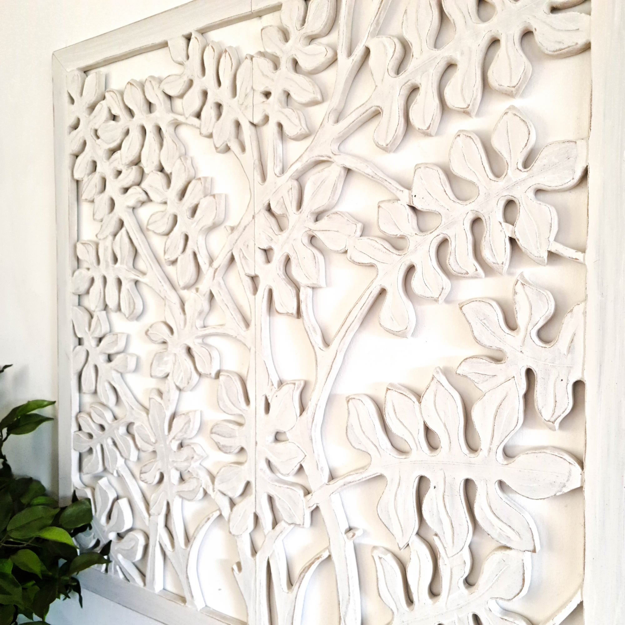 Hand Carved Tree of Life Wooden Sculpture Wall Art Hanging - Distressed Rustic White Shabby Chic Bohemian Boho Style Unique Gift.