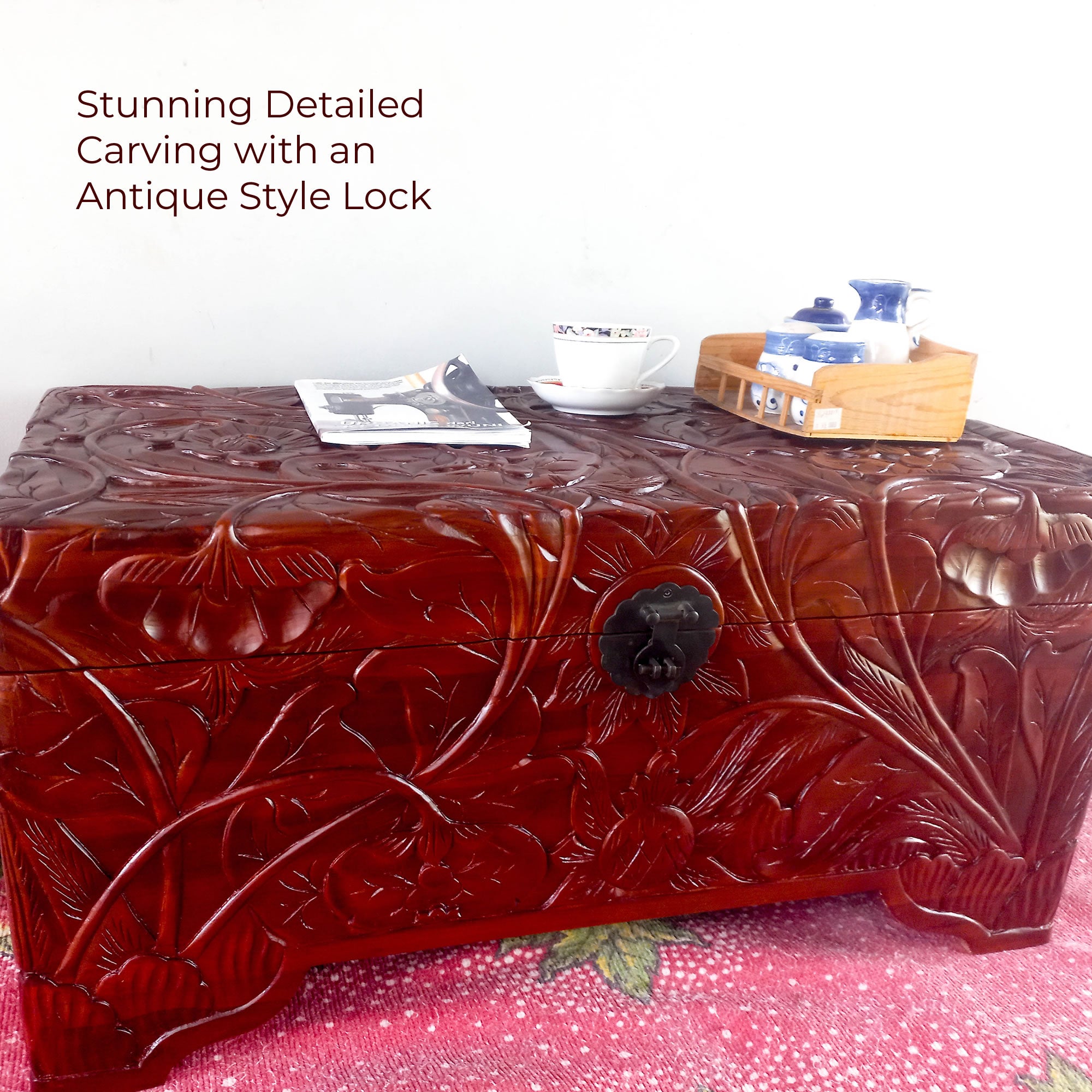 Hand-Carved Large Teakwood Storage Ottoman Decorative Furniture