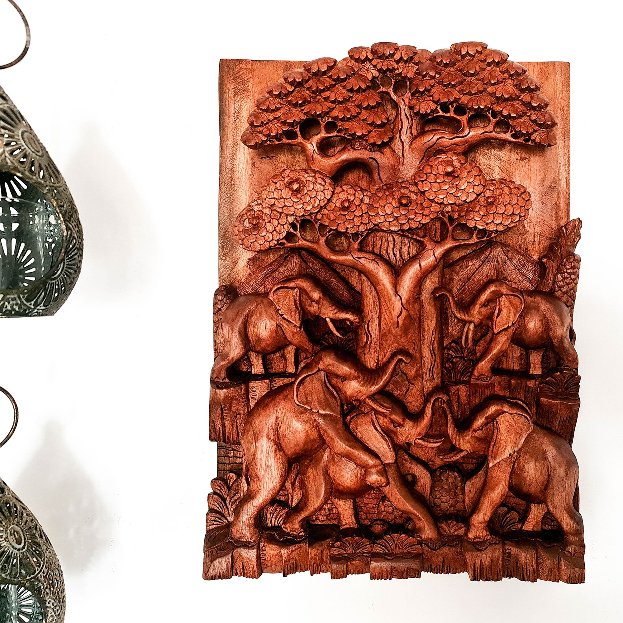 African Elephants by Oak Hand-Carved Wooden Room Decorative Art Sculpture Unique Gift