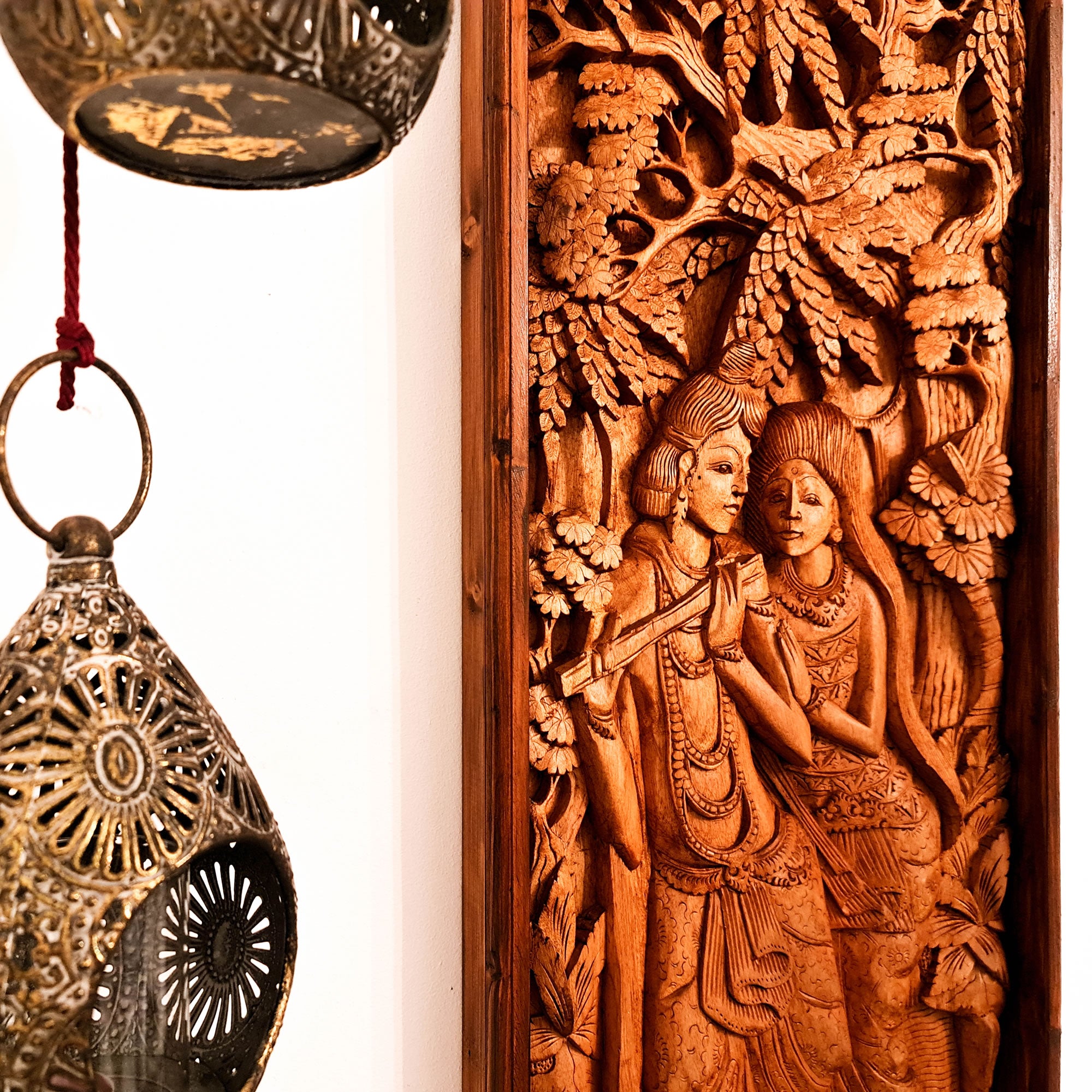 Radha Krishna Hindu God Mandir - Hand Carved Teakwood Decorative Long Wall Art Sculpture