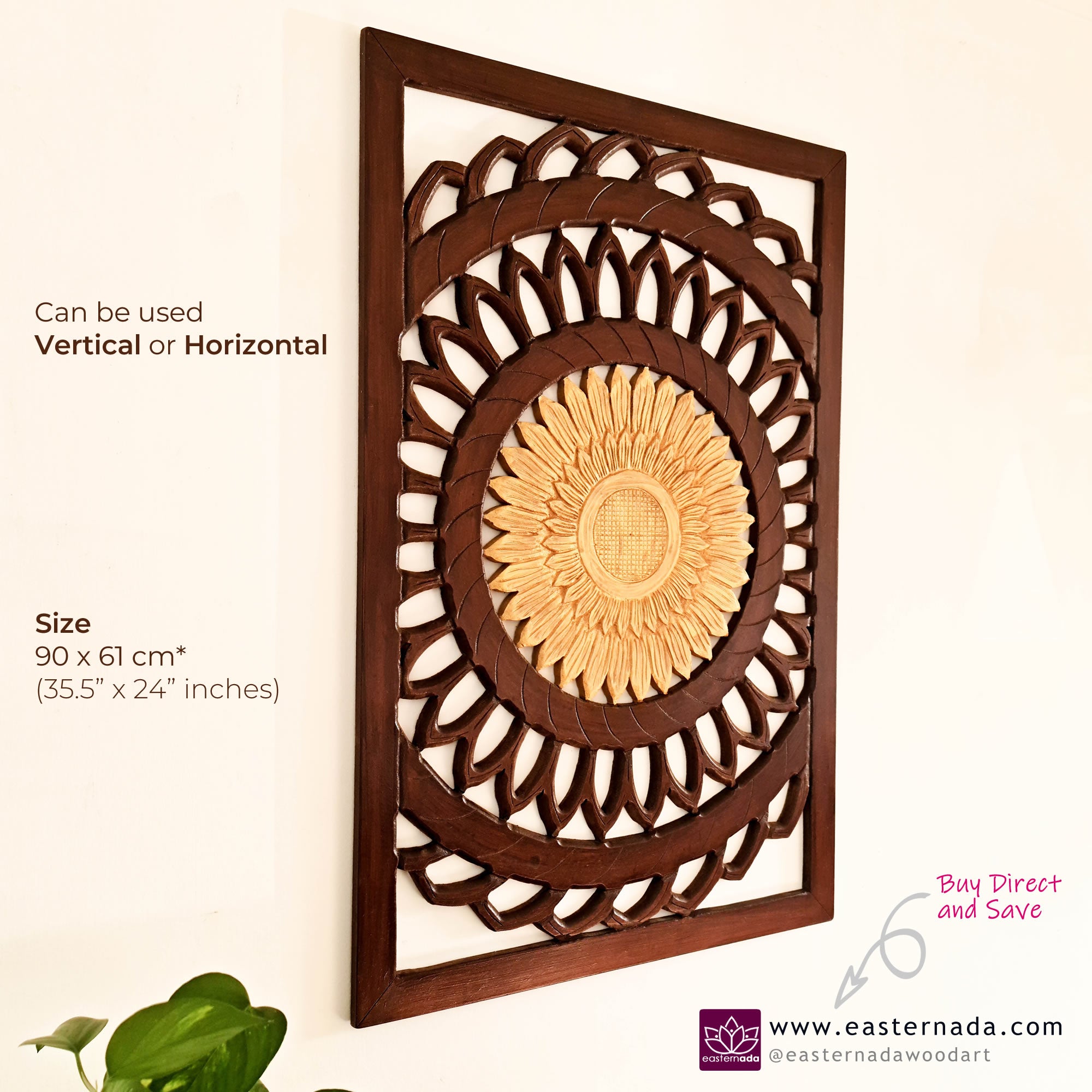 Discover Artistic Excellence: Golden Flower Hand-Carved Wooden Wall Art. Crafted by skilled artisans, each piece is unique, adding a touch of elegance to any living space.