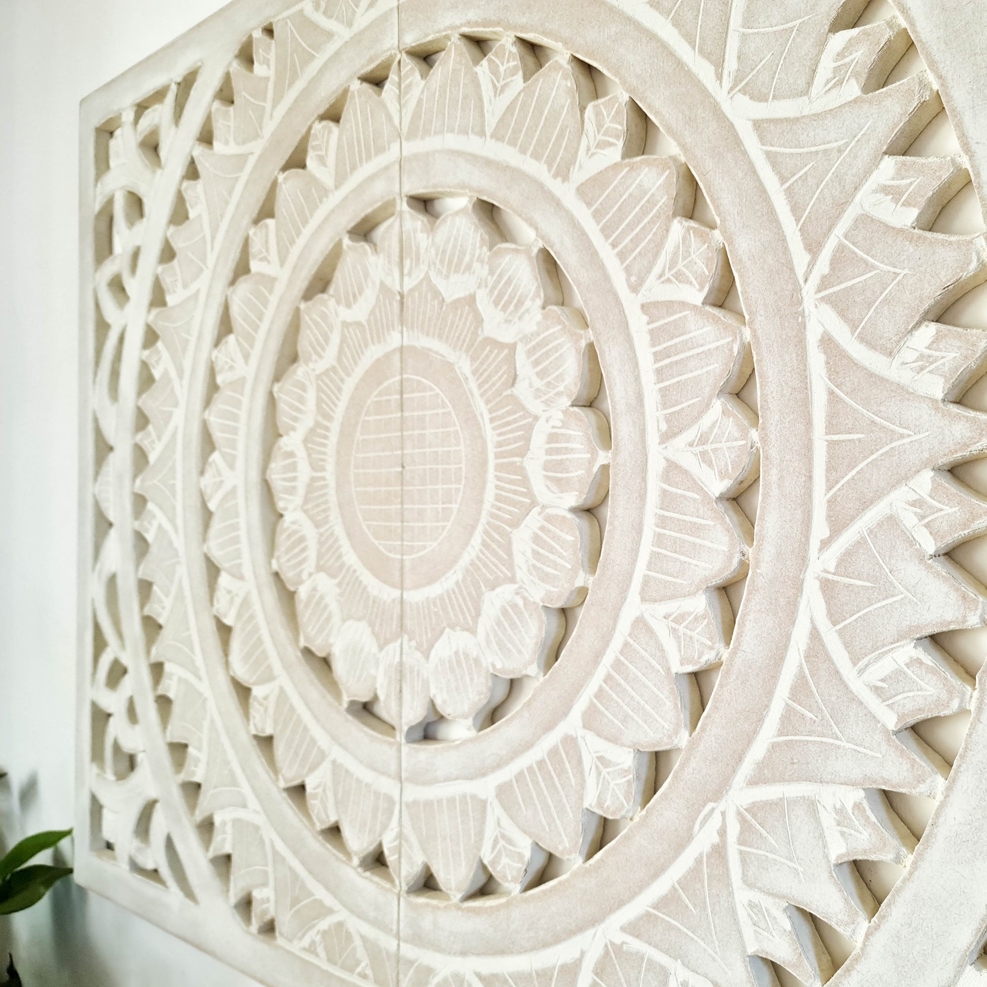 Carved Wooden Decorative Framed Mandala Panel Art Sculpture White Bohemian Hanging