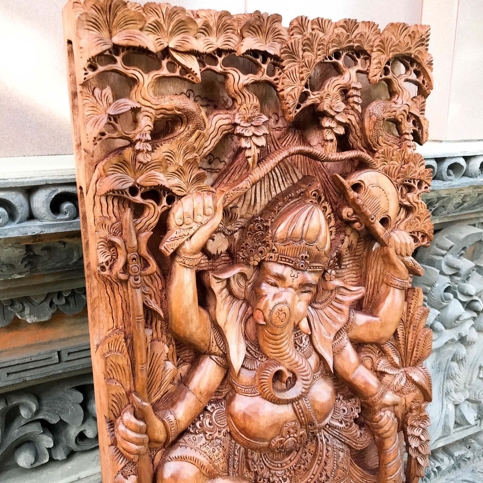 Hindu God Ganesha Hand-Carved Teakwood Decorative Sculpture Mandir Wall Art