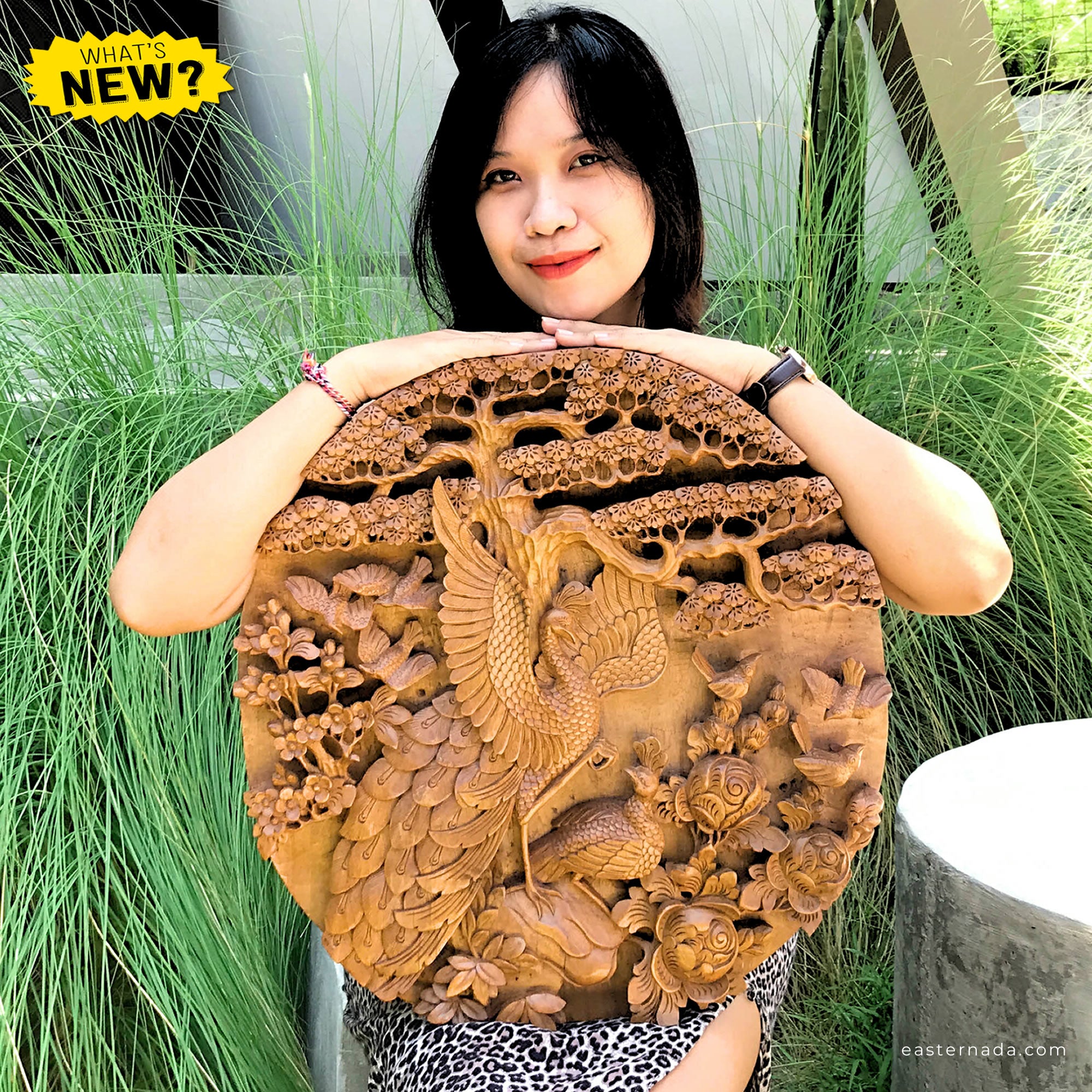 This is a stunning masterpiece. Intricately detailed decorative wall art hand-carved Peacock birds out of Teak Wood.