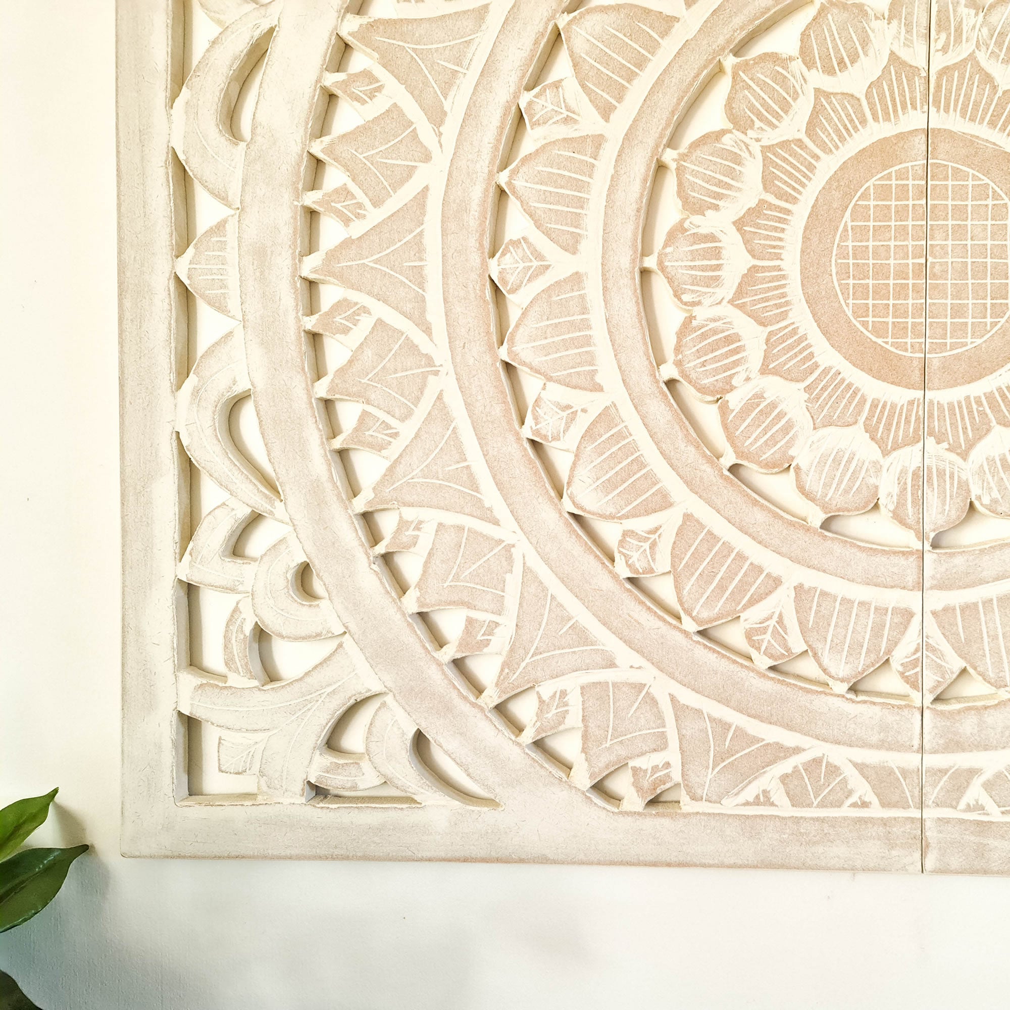 Carved Wooden Decorative Framed Mandala Panel Art Sculpture White Bohemian Hanging