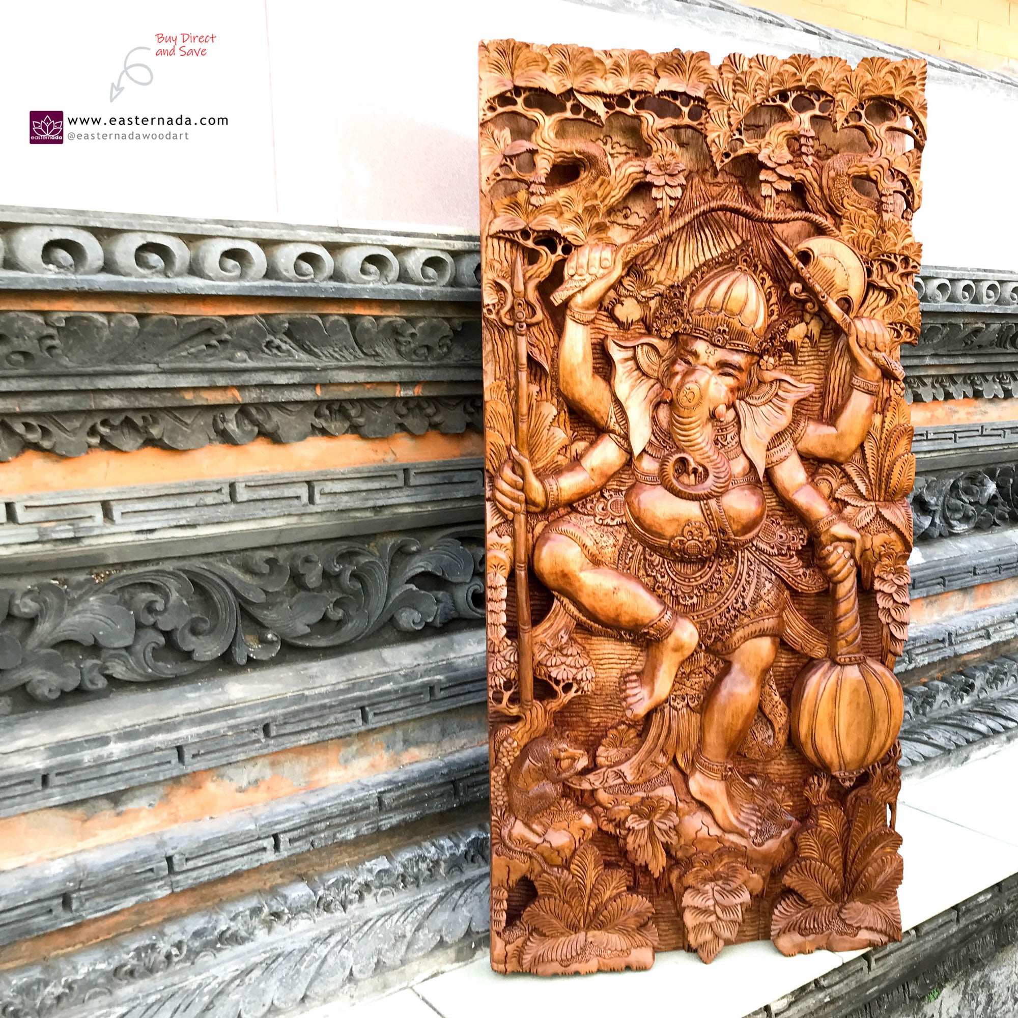 Hindu God Ganesha Hand-Carved Teakwood Decorative Sculpture Mandir Wall Art