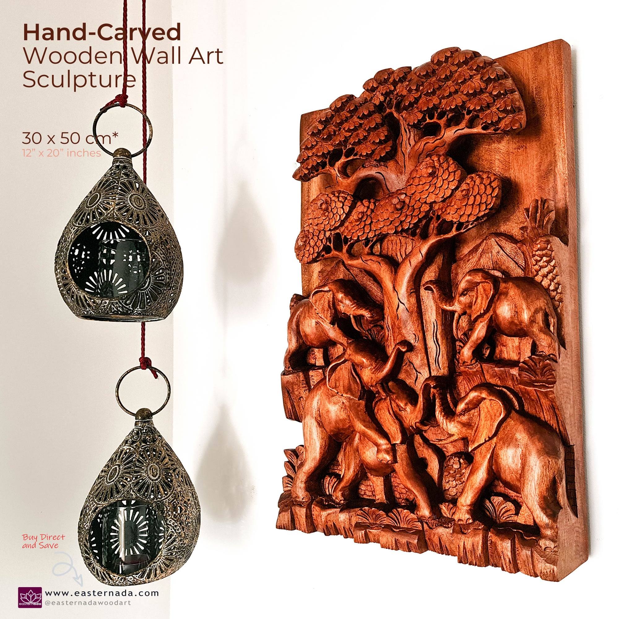 African Elephants by Oak Hand-Carved Wooden Room Decorative Art Sculpture Unique Gift