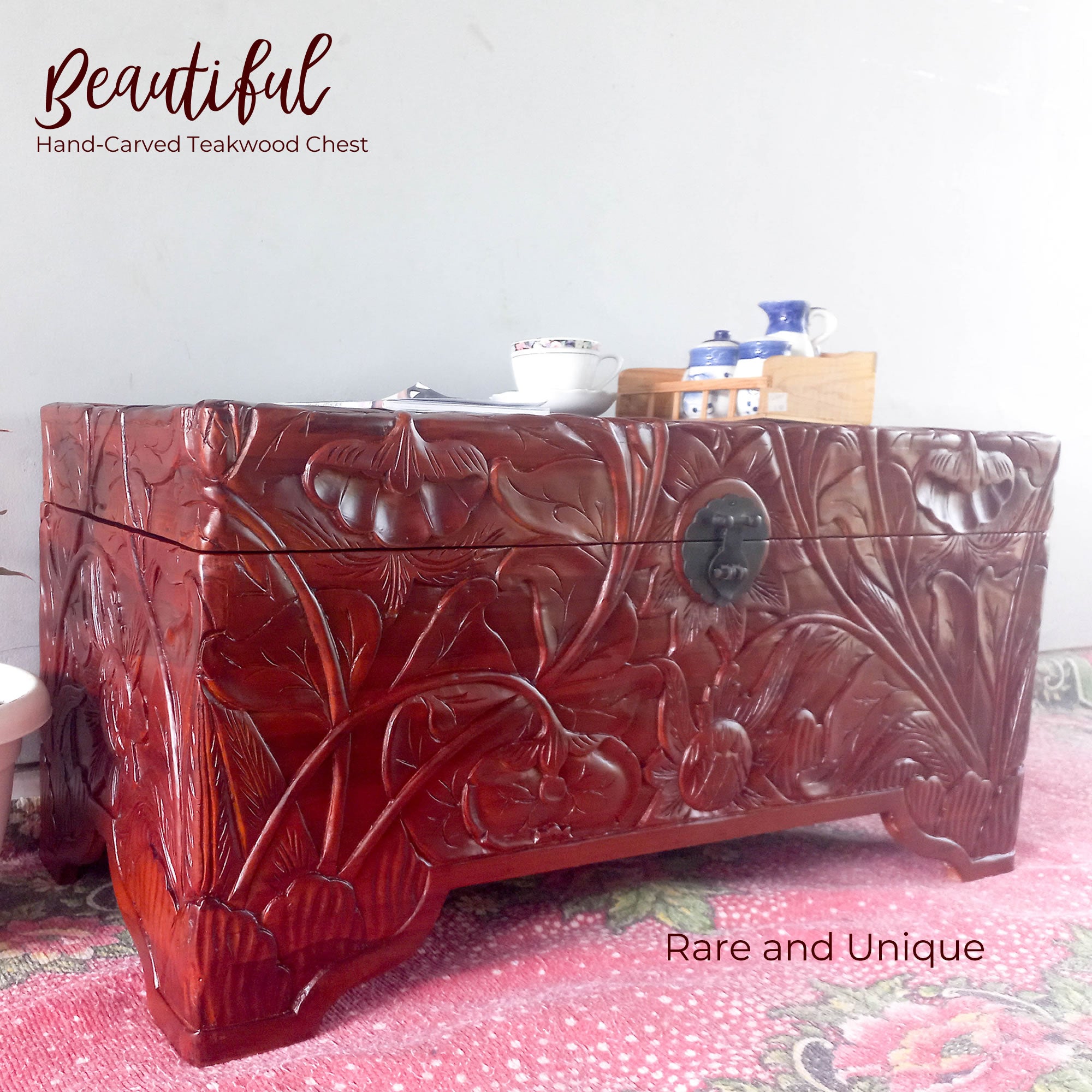 Hand-Carved Large Teakwood Storage Ottoman Decorative Furniture