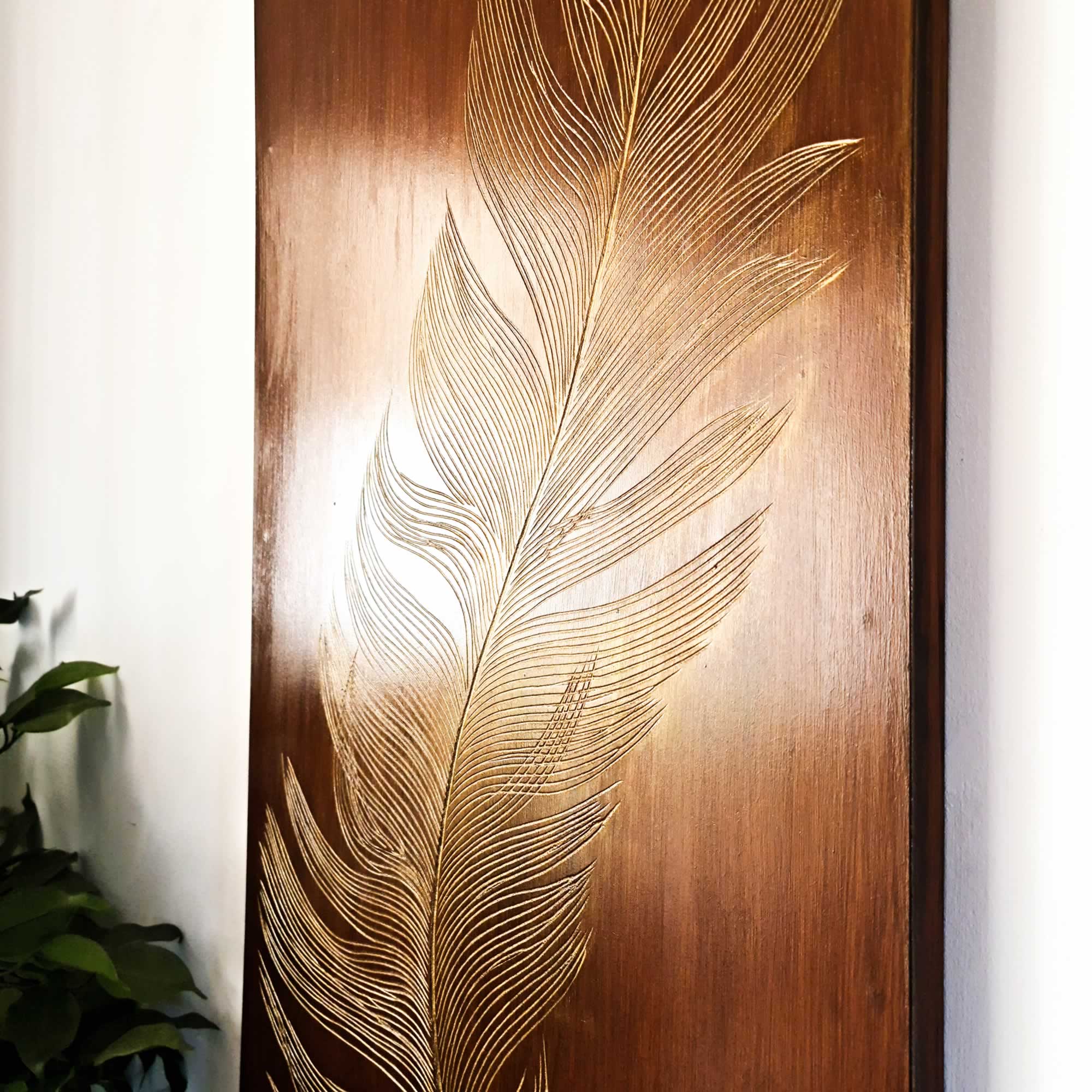 Golden Feather - Hand Carved Wooden Decorative Wall Art Sculpture Bohemian Wall Room Hanging Decor Easternada