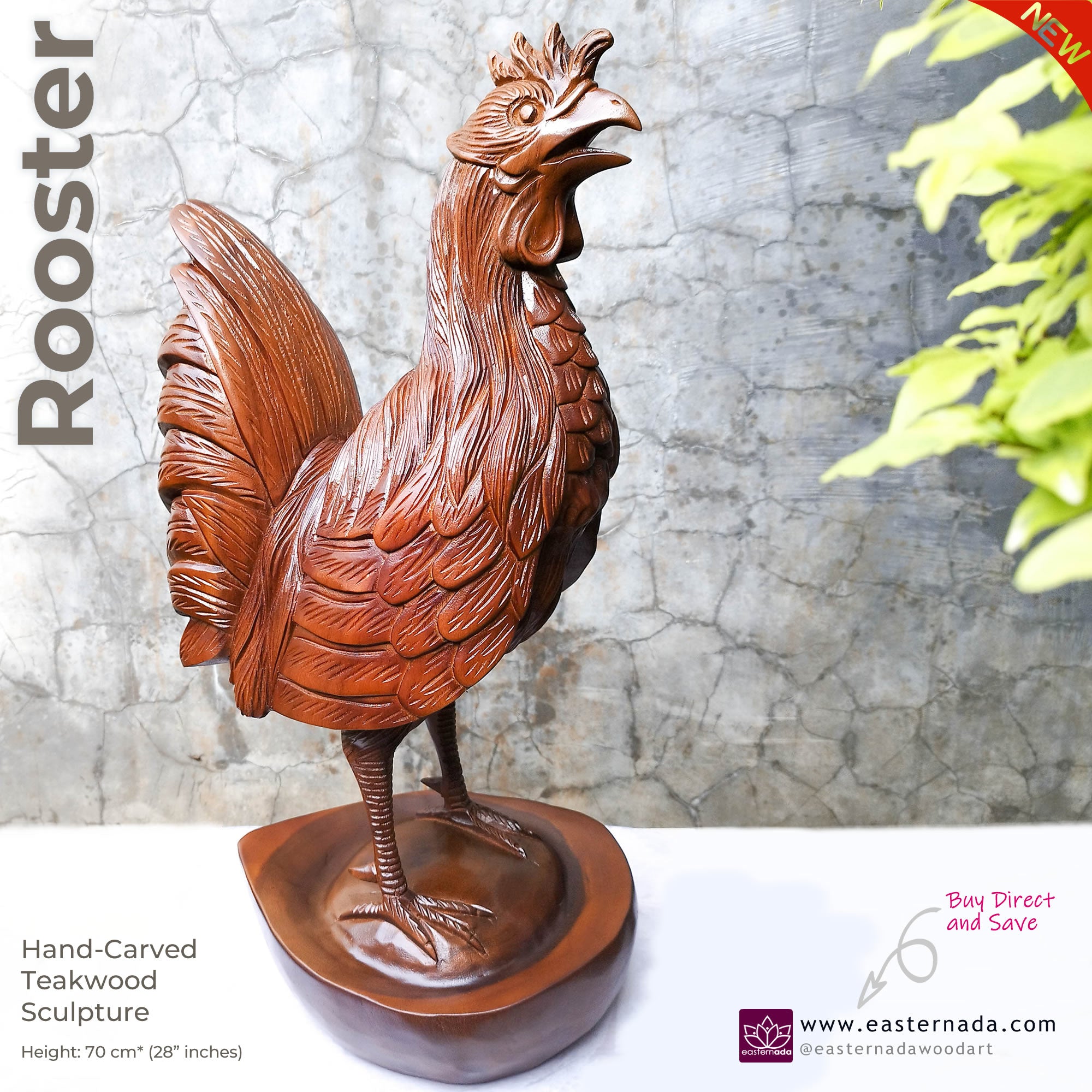 This stunning large hand-carved teakwood decorative Rooster Chicken sculpture is quite impressive and unique gift. Easternada