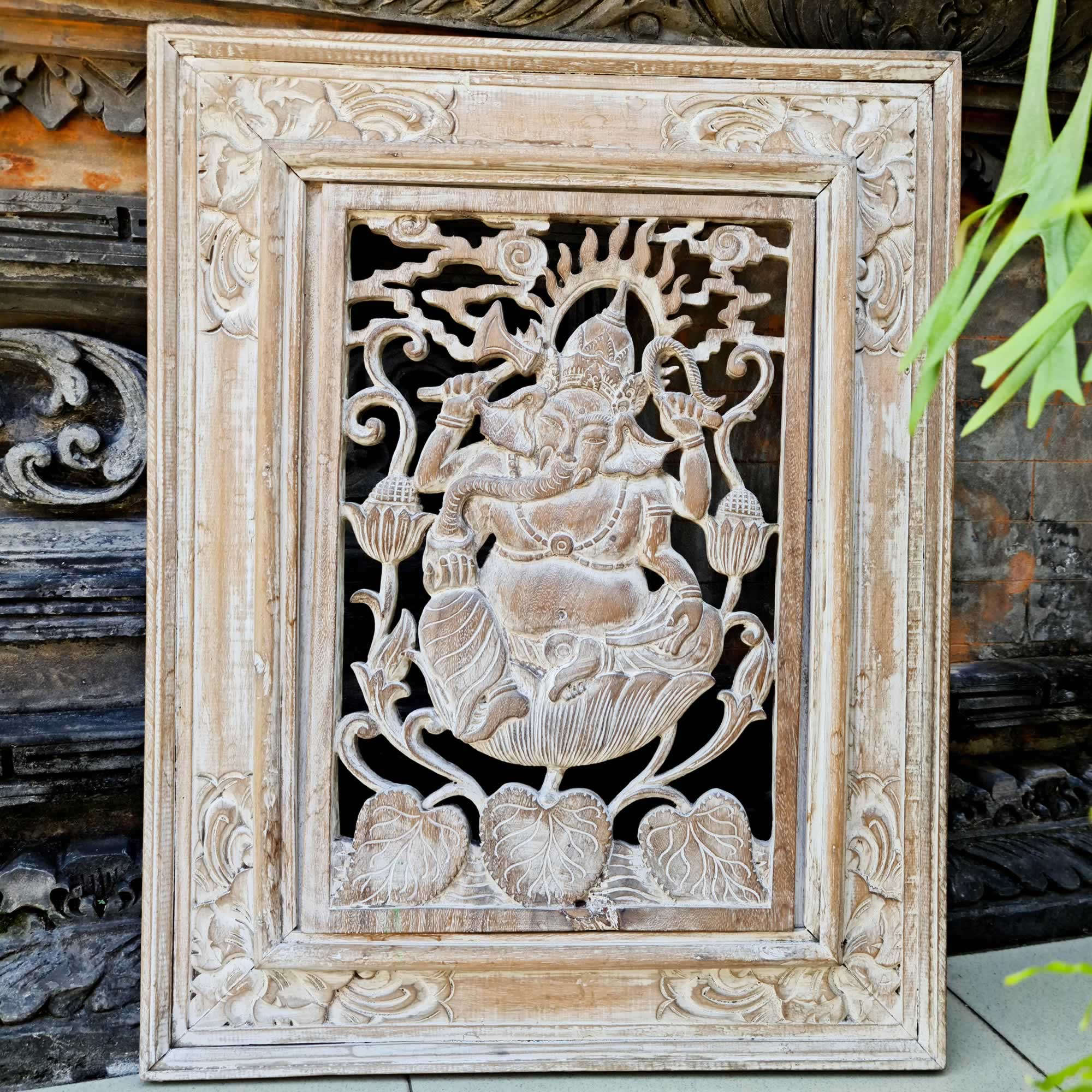 Hand-carved Distressed White Antique Style Decorative Wall Art Sculpture Ganesha Hindu Mandir