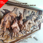 Extra large king-size teakwood hand-carved running wild horses sculpture art for a perfect backdrop in any room, hallway or as a headboard.