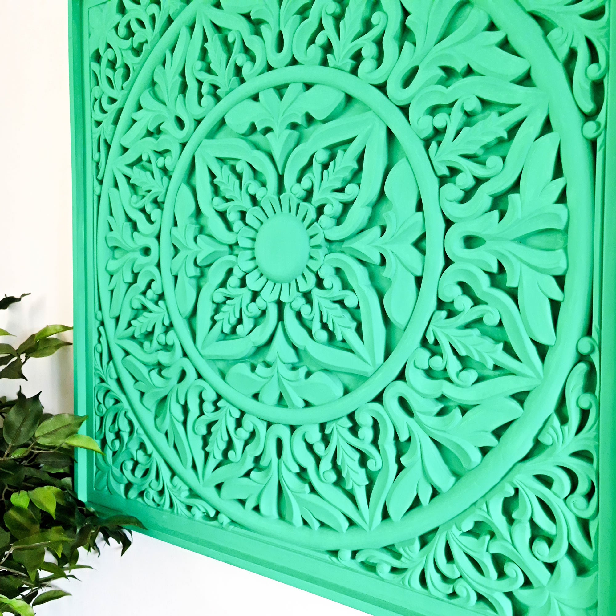 Simply Awesome, this bohemian boho-styled large carved mandala can be used in any room and will compliment the bohemian vibes. The Aqua Turquoise blue color is inviting yet subtle.