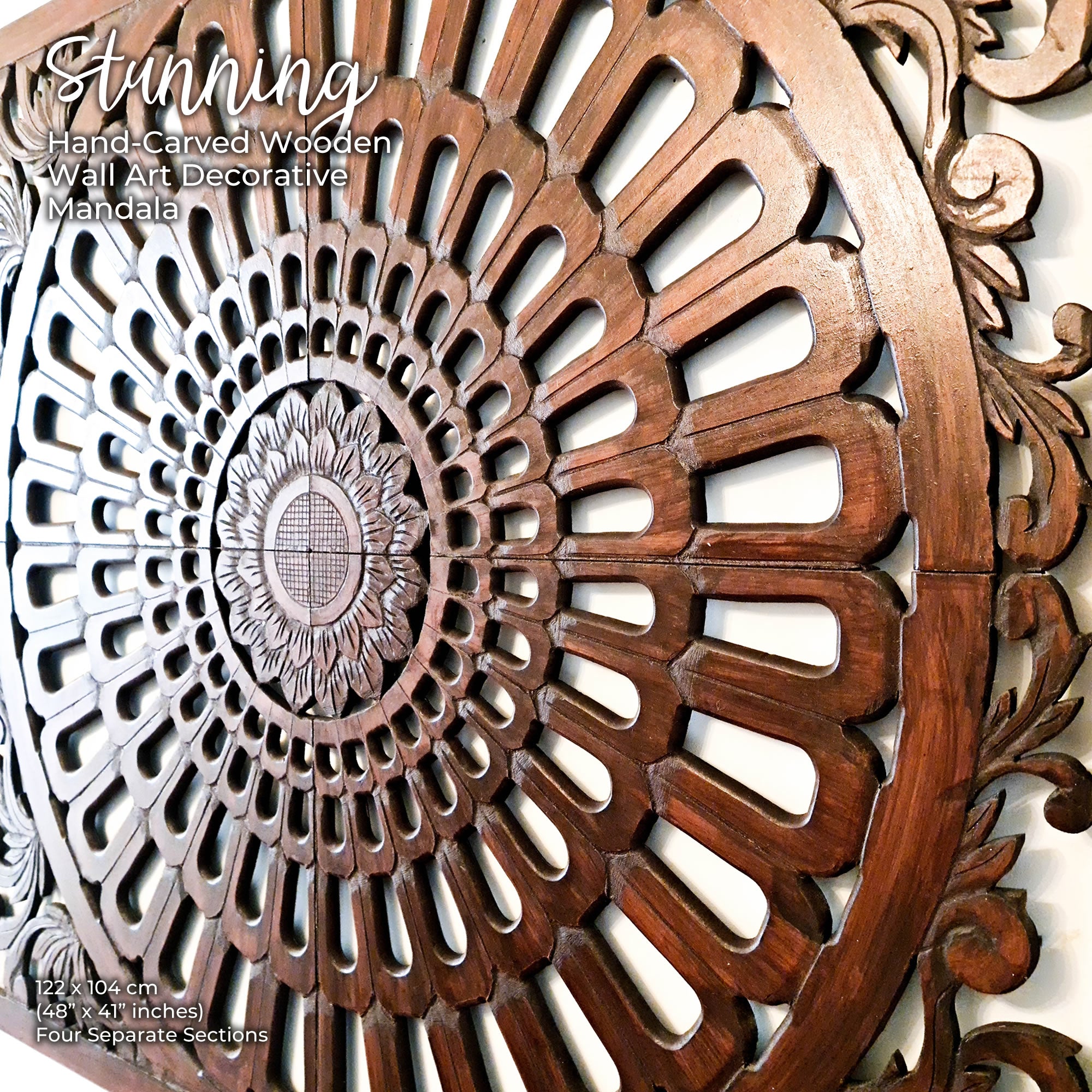Stunning Large Hand-Carved Decorative Wooden Wall Art Mandala. This beauty is great for decorating your interior walls for an eye-catching backdrop.