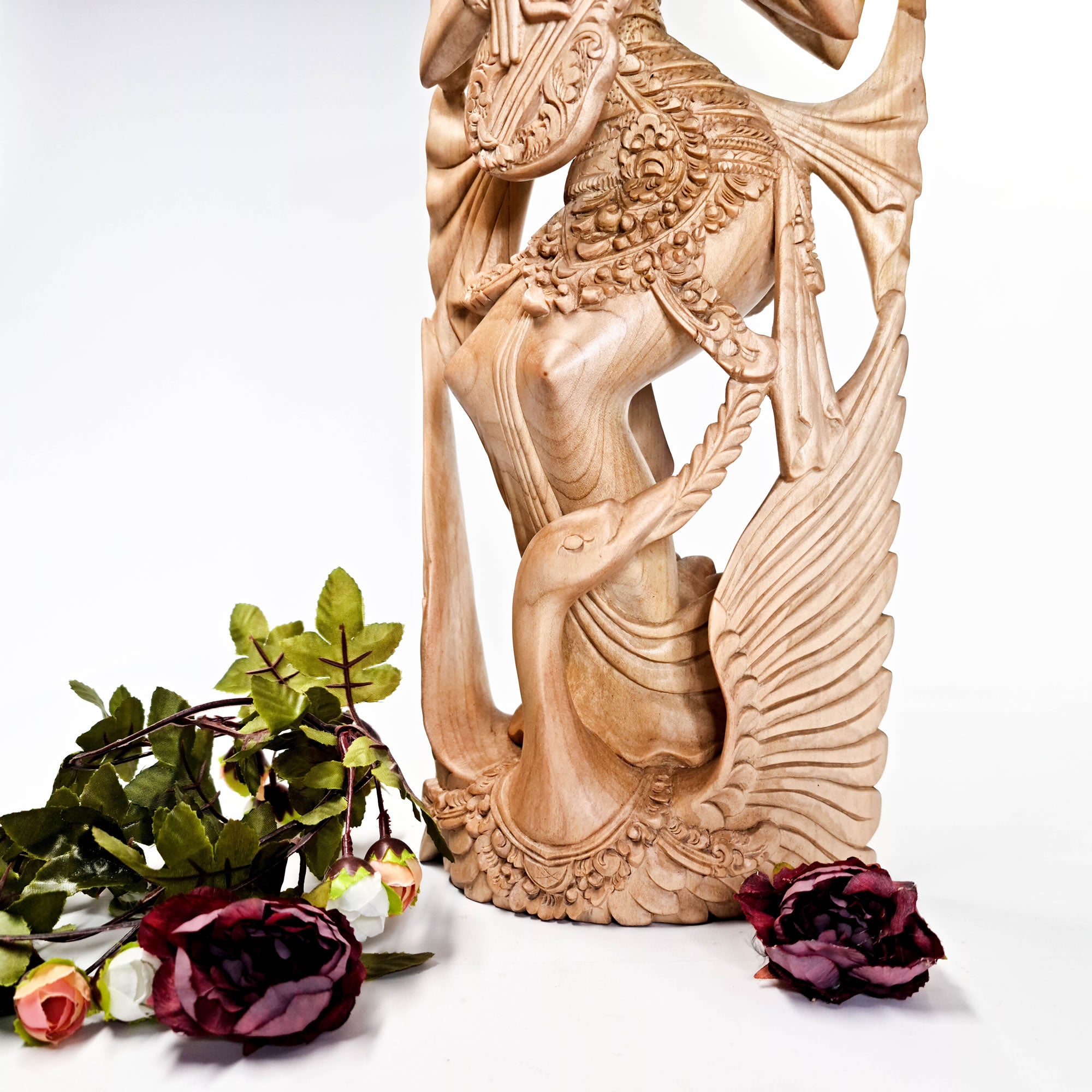 Saraswati Goddess Hand-carved wooden Sculpture Art Hindu Mandir Pooja