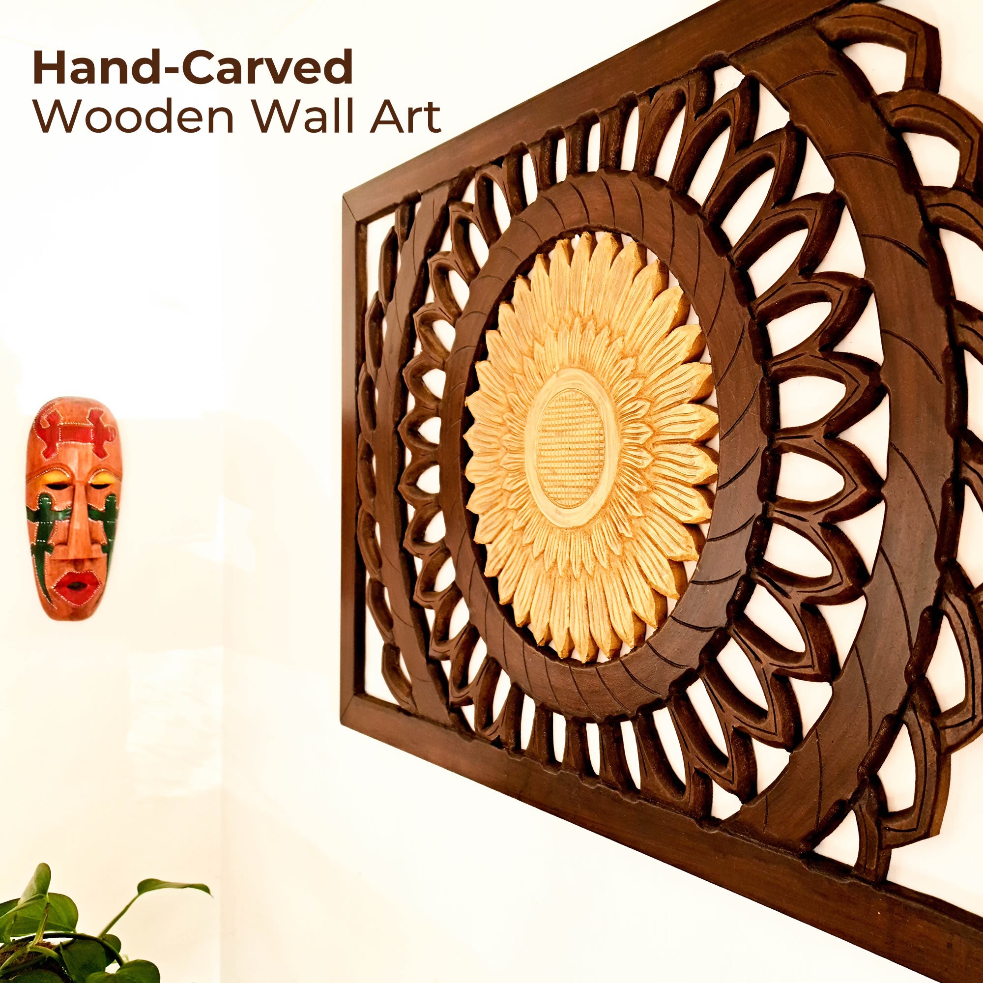 Discover Artistic Excellence: Golden Flower Hand-Carved Wooden Wall Art. Crafted by skilled artisans, each piece is unique, adding a touch of elegance to any living space.