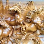 Extra large king-size teakwood hand-carved running wild horses sculpture art for a perfect backdrop in any room, hallway or as a headboard.