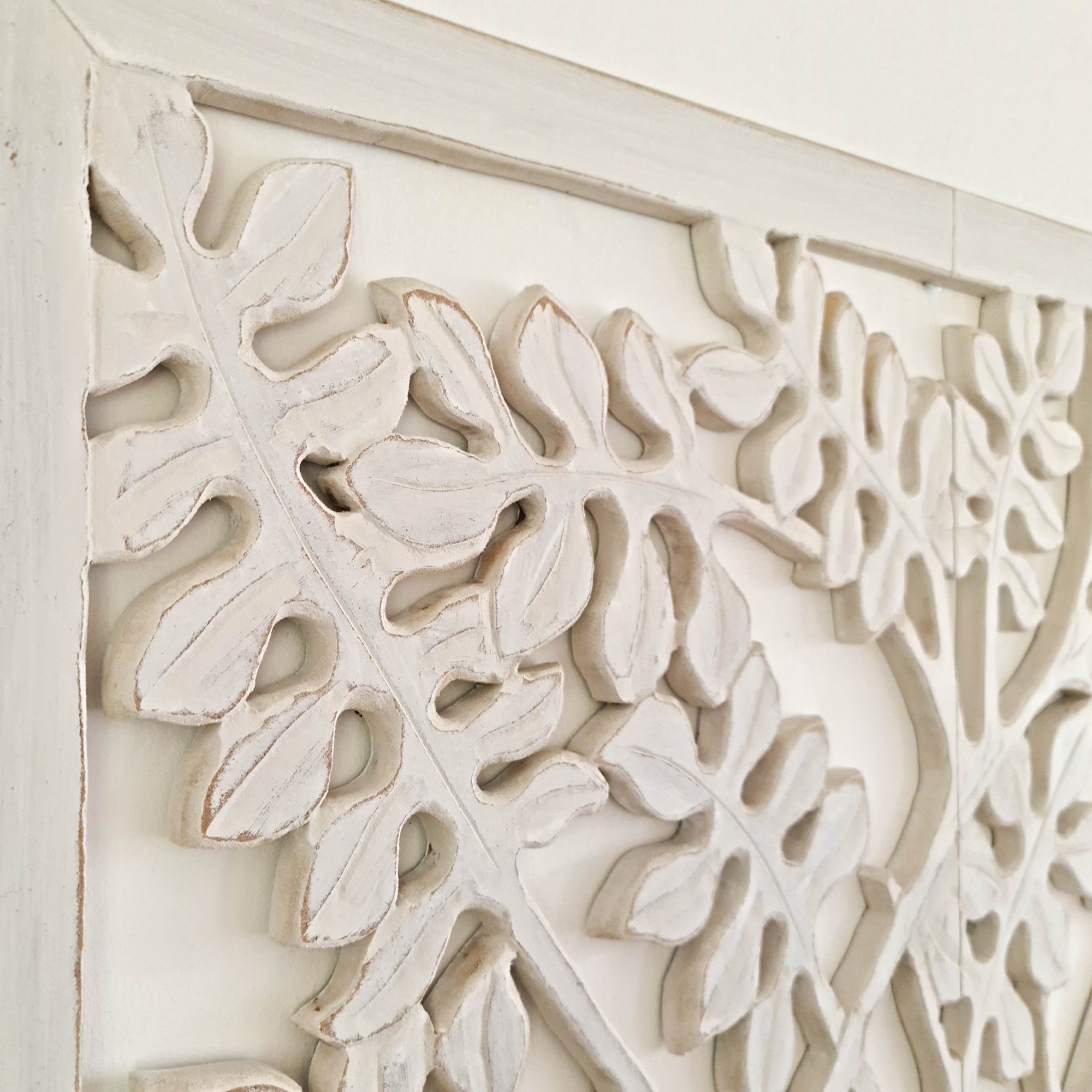 Hand Carved Tree of Life Wooden Sculpture Wall Art Hanging - Distressed Rustic White Shabby Chic Bohemian Boho Style Unique Gift.