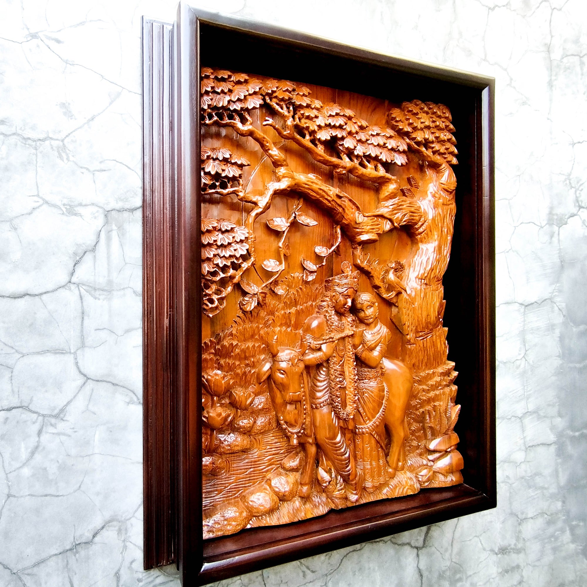 Radha Krishna Vrindavan Hindu Mandir - Hand Carved Teakwood Decorative Wall Art Sculpture