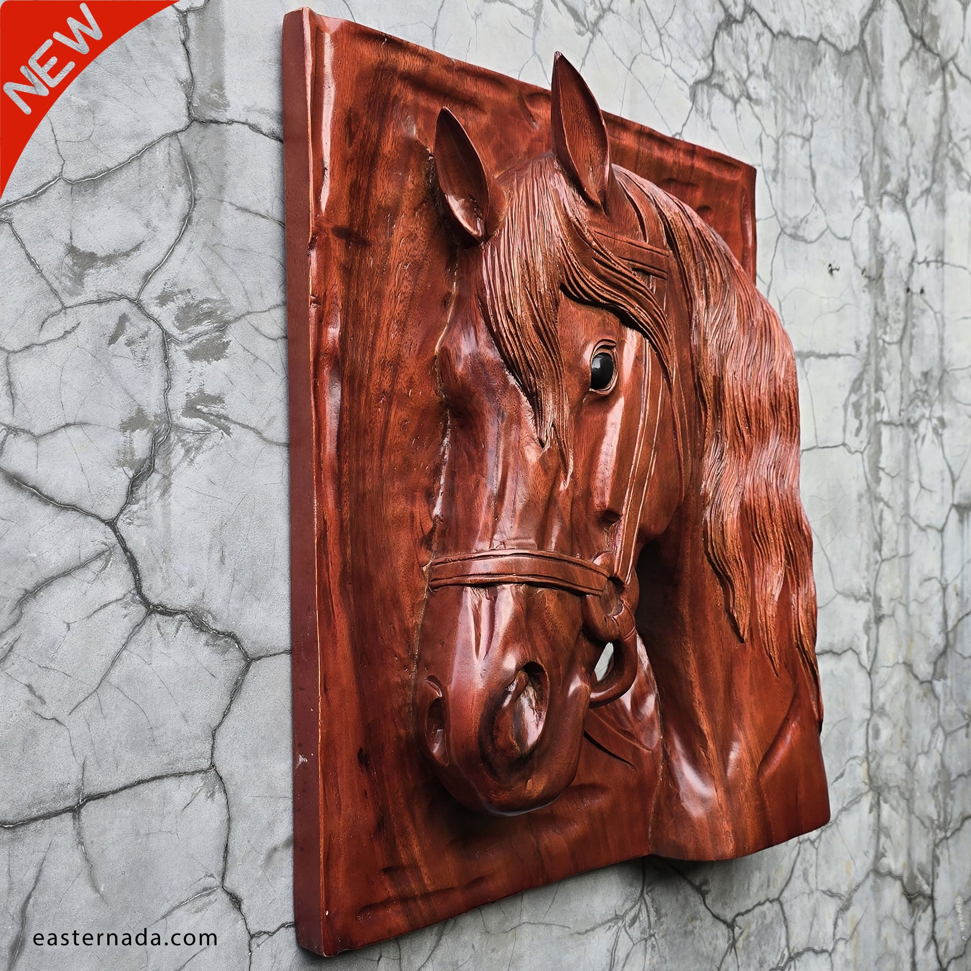 Elevate your space with a large-scale hand-carved teakwood stallion. A powerful 3D horse wall relief for luxury home and office decor. Bespoke artisan craftsmanship.