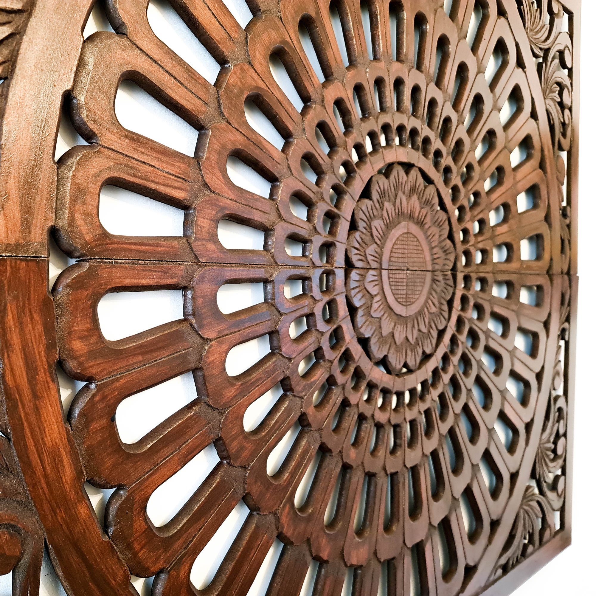 Stunning Large Hand-Carved Decorative Wooden Wall Art Mandala. This beauty is great for decorating your interior walls for an eye-catching backdrop.