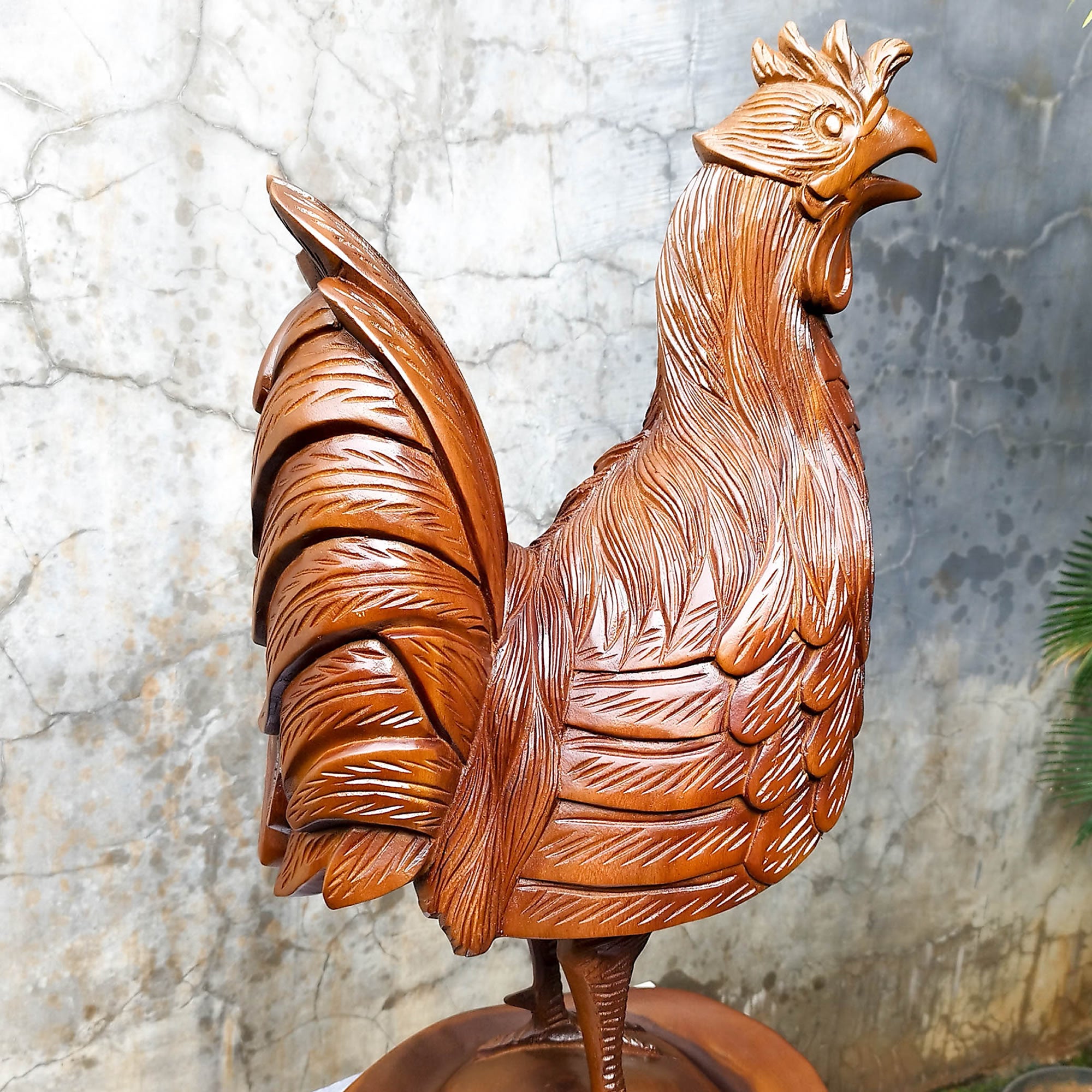 This stunning large hand-carved teakwood decorative Rooster Chicken sculpture is quite impressive and unique gift. Easternada