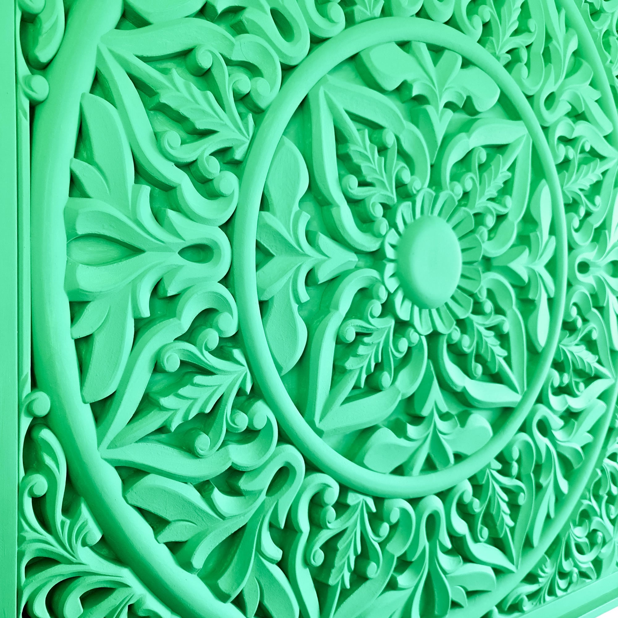 Simply Awesome, this bohemian boho-styled large carved mandala can be used in any room and will compliment the bohemian vibes. The Aqua Turquoise blue colour is inviting yet subtle.