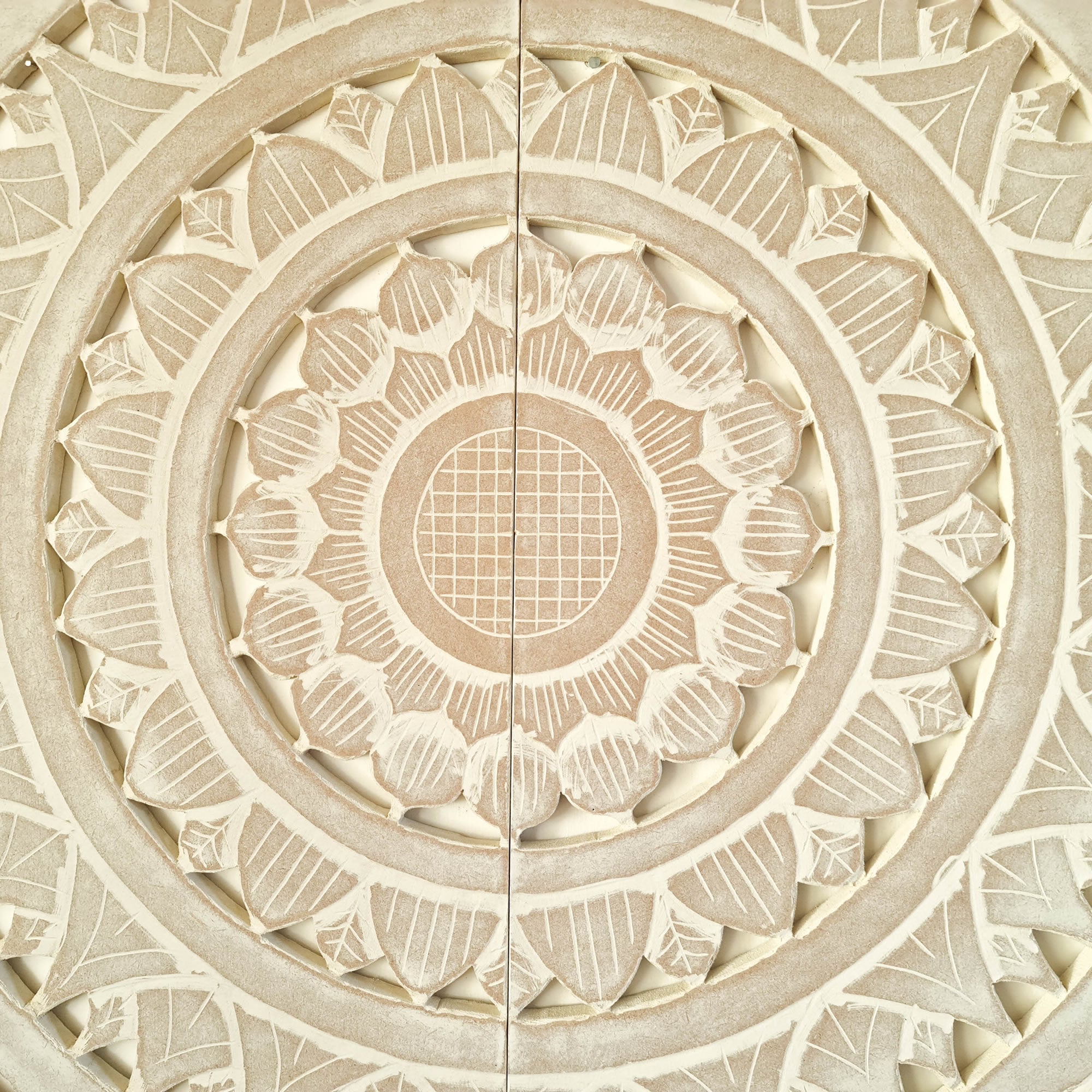 Carved Wooden Decorative Framed Mandala Panel Art Sculpture White Bohemian Hanging