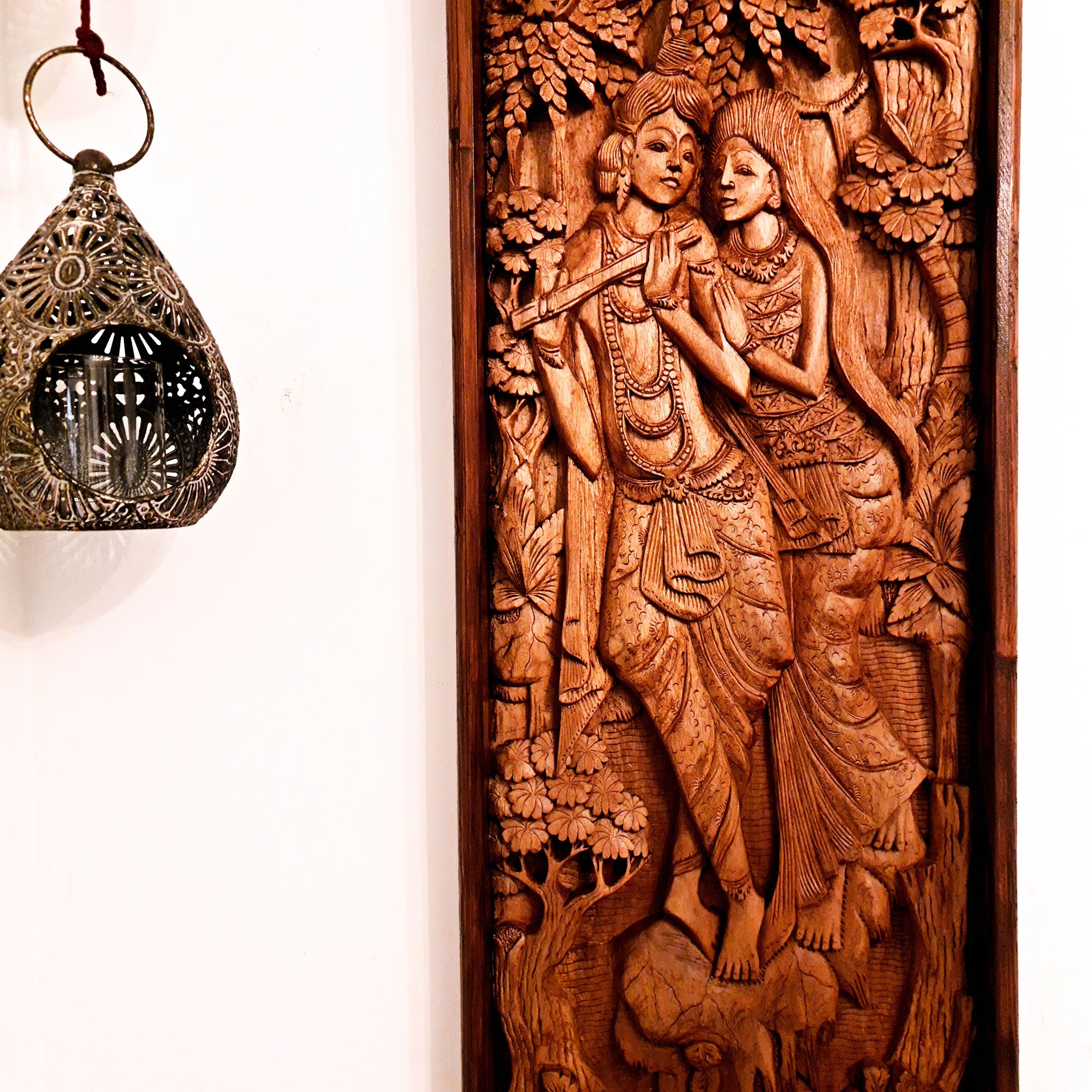 Radha Krishna Hindu God Mandir - Hand Carved Teakwood Decorative Long Wall Art Sculpture