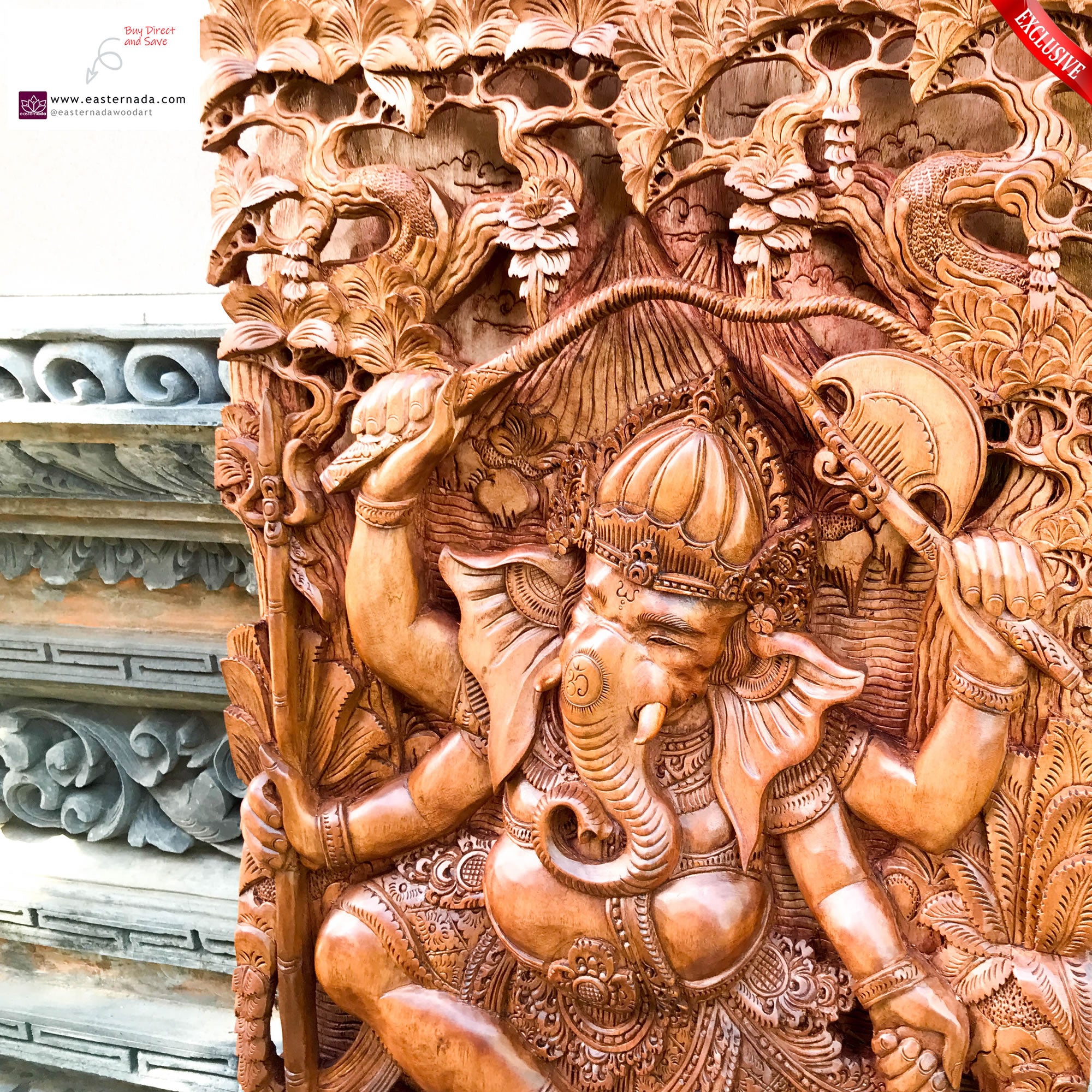 Hindu God Ganesha Hand-Carved Teakwood Decorative Sculpture Mandir Wall Art
