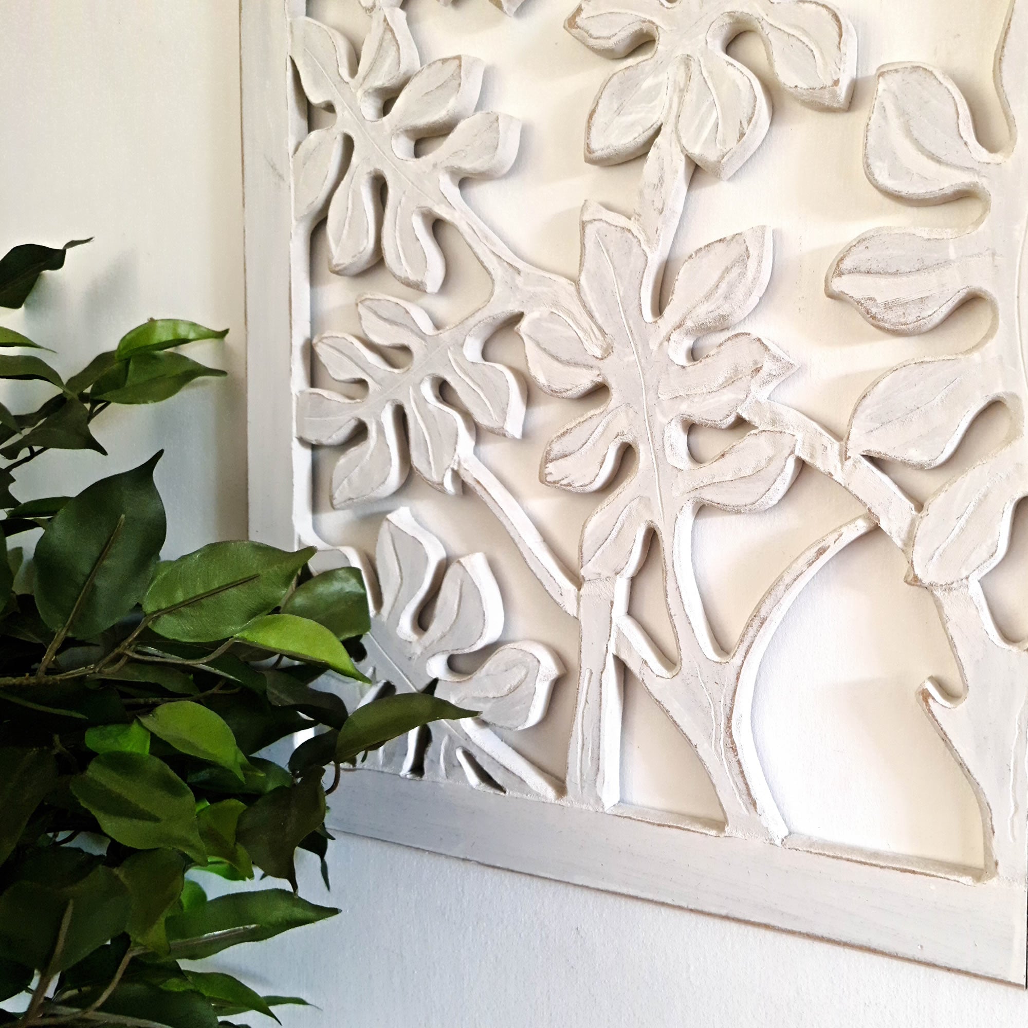 Hand Carved Tree of Life Wooden Sculpture Wall Art Hanging - Distressed Rustic White Shabby Chic Bohemian Boho Style Unique Gift.