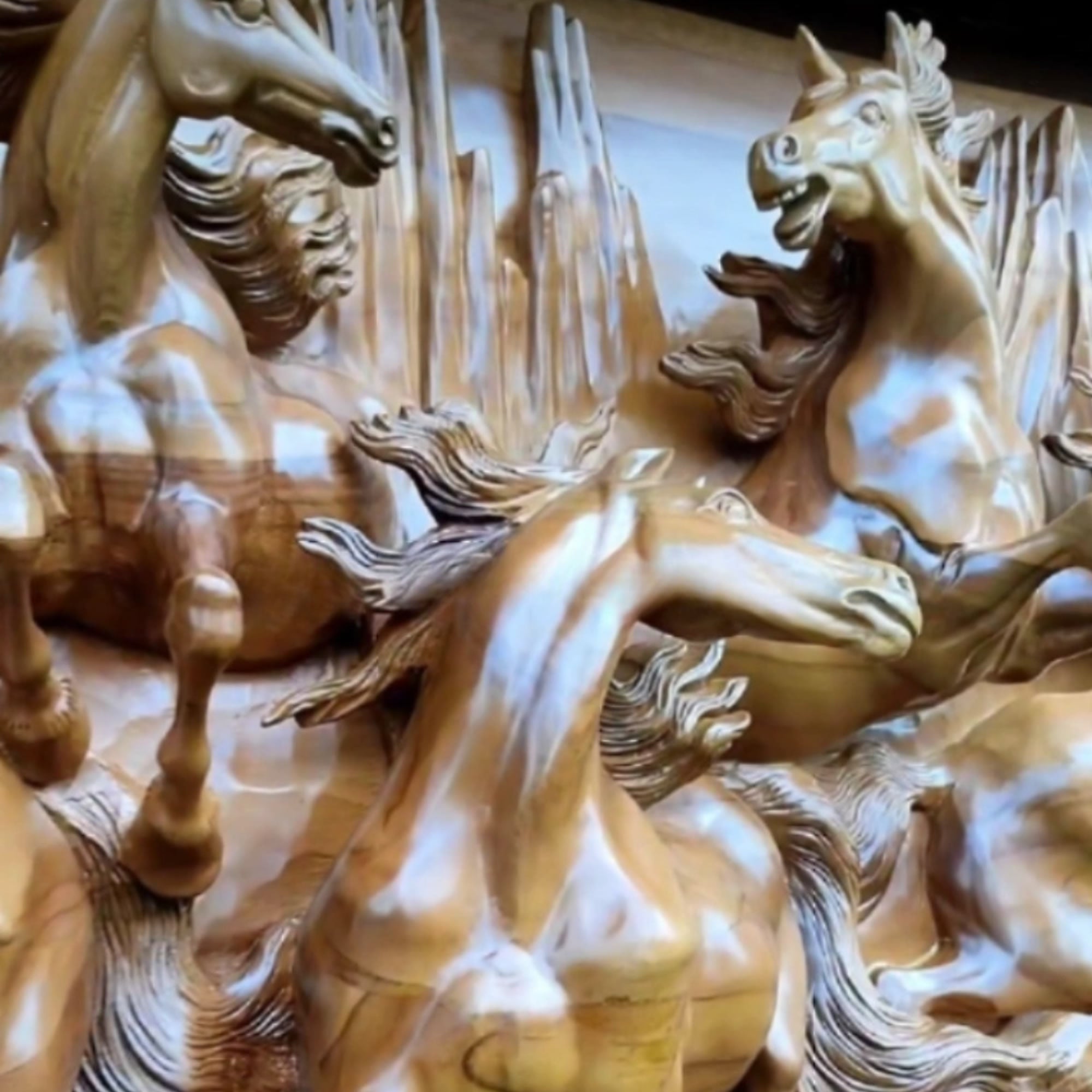 Extra large king-size teakwood hand-carved running wild horses sculpture art for a perfect backdrop in any room, hallway or as a headboard.