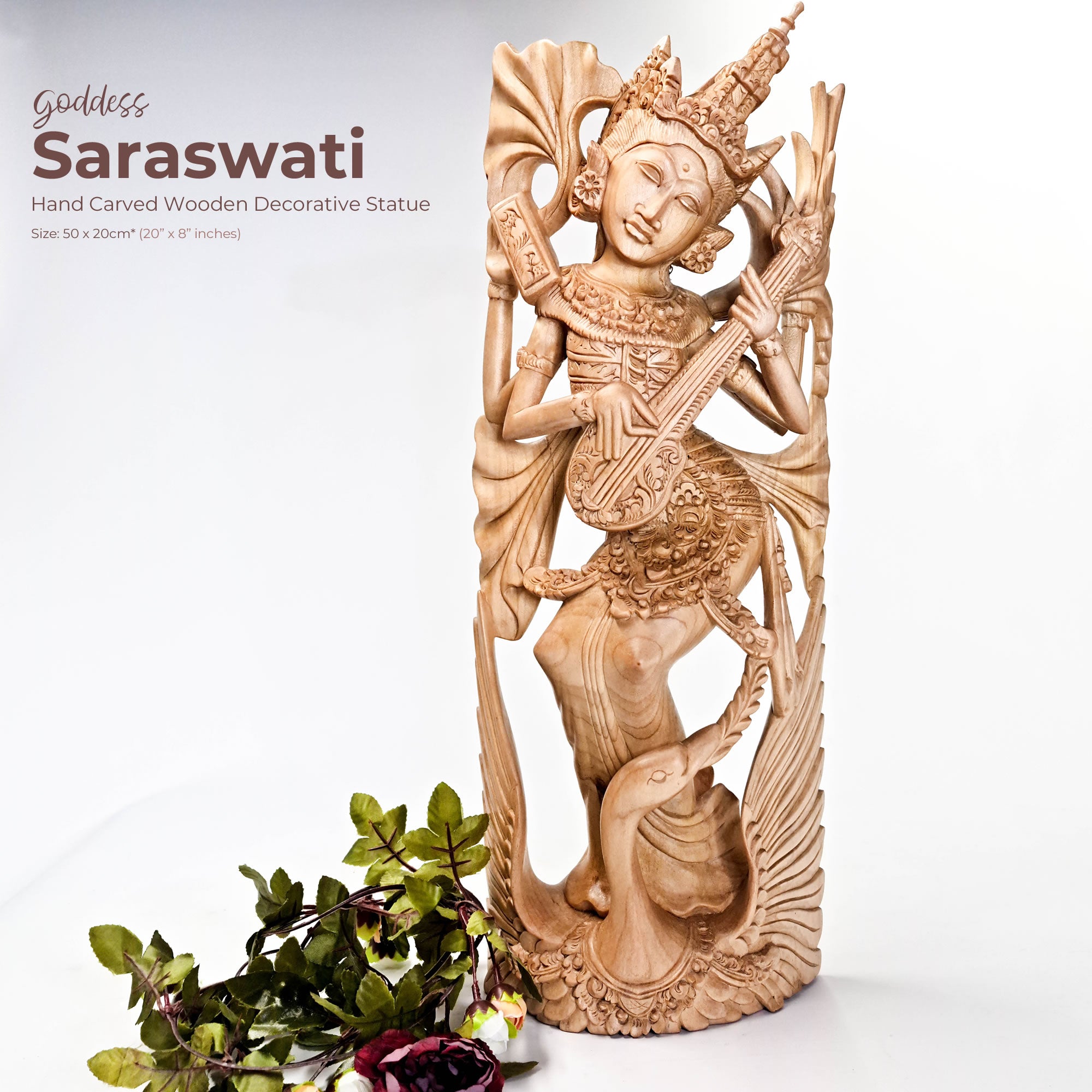 Saraswati Goddess Hand-carved wooden Sculpture Art Hindu Mandir Pooja