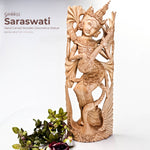 Saraswati Goddess Hand-carved wooden Sculpture Art Hindu Mandir Pooja