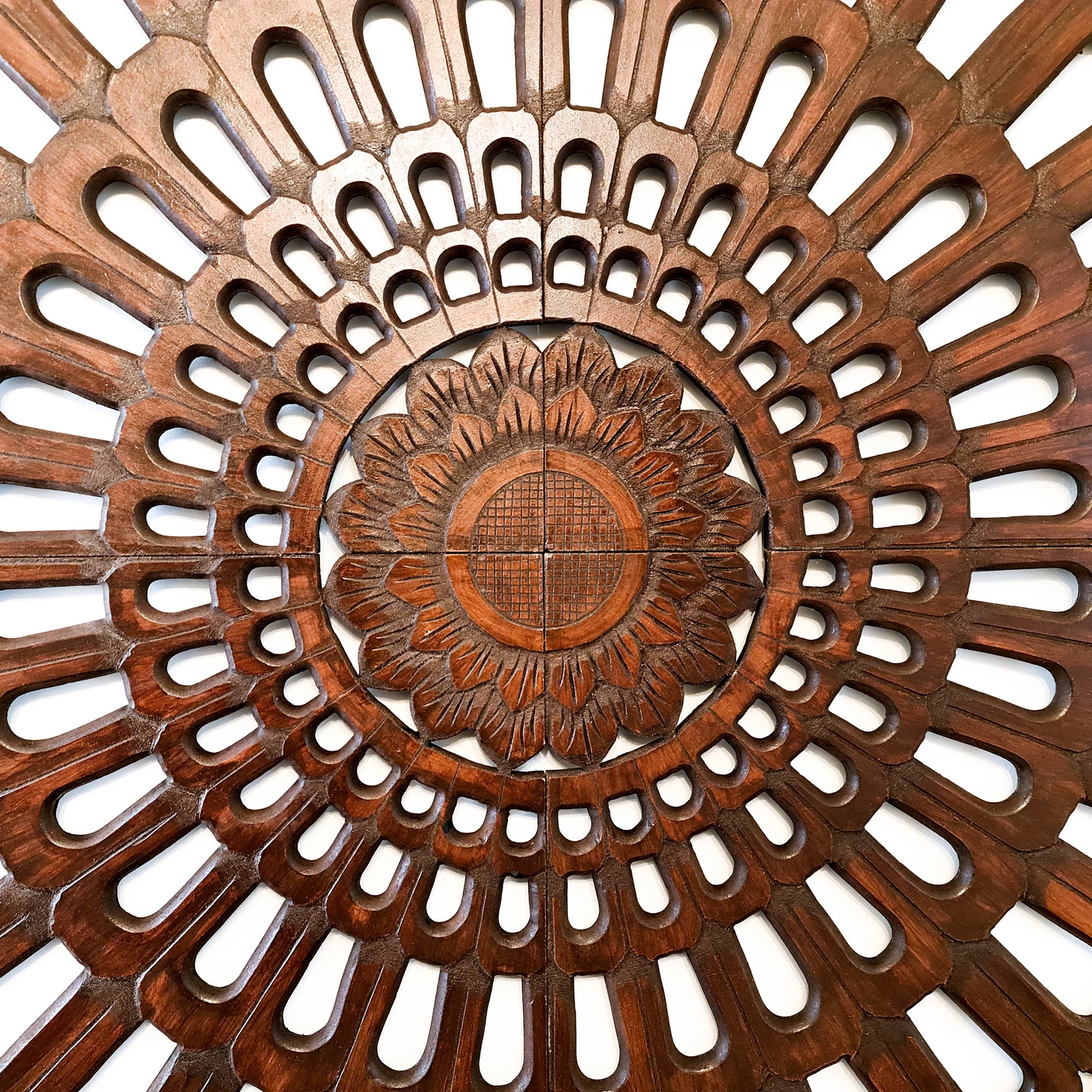 Stunning Large Hand-Carved Decorative Wooden Wall Art Mandala. This beauty is great for decorating your interior walls for an eye-catching backdrop.