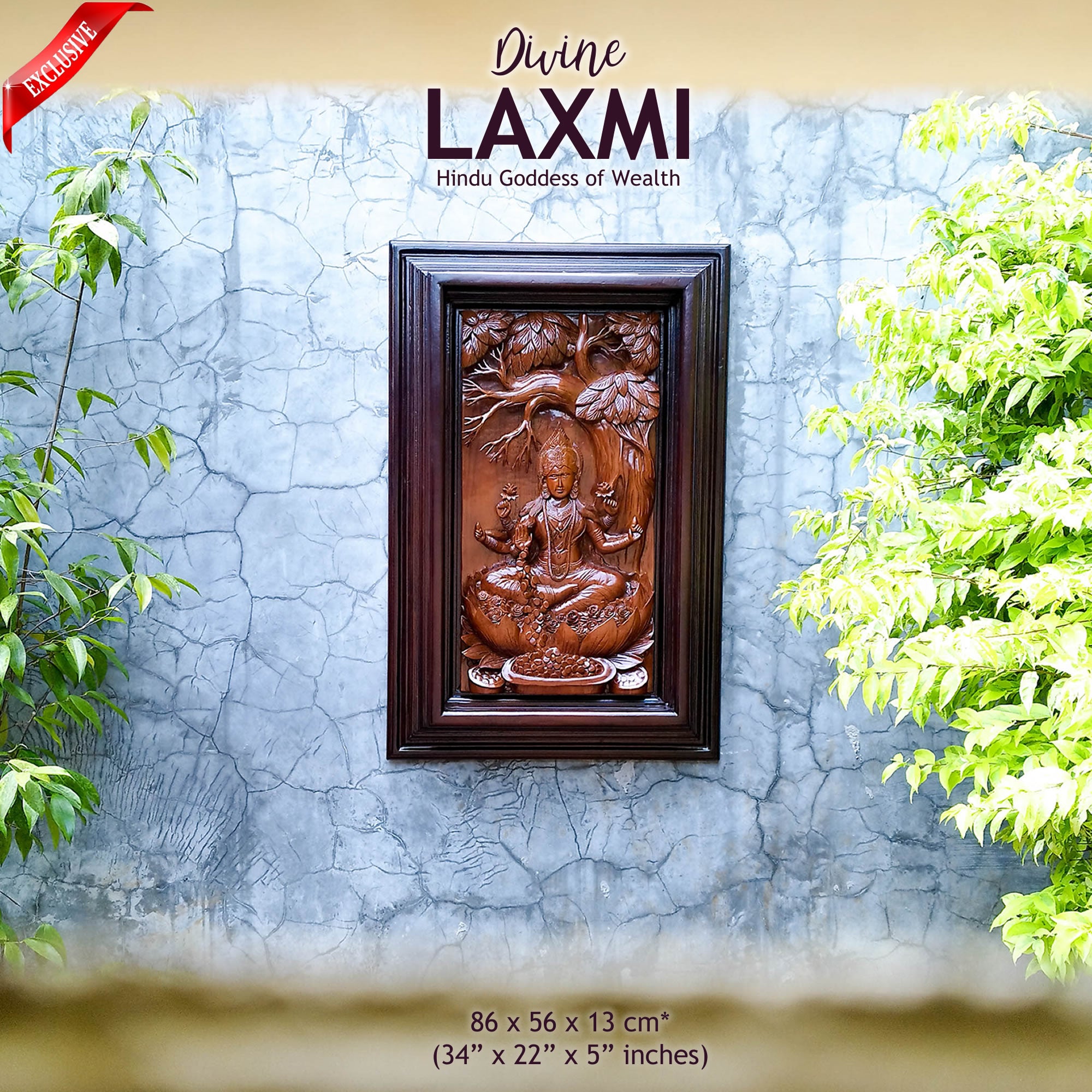 Hindu Goddess Laxmi Hand-Carved Teakwood Decorative Sculpture Mandir Wall Art