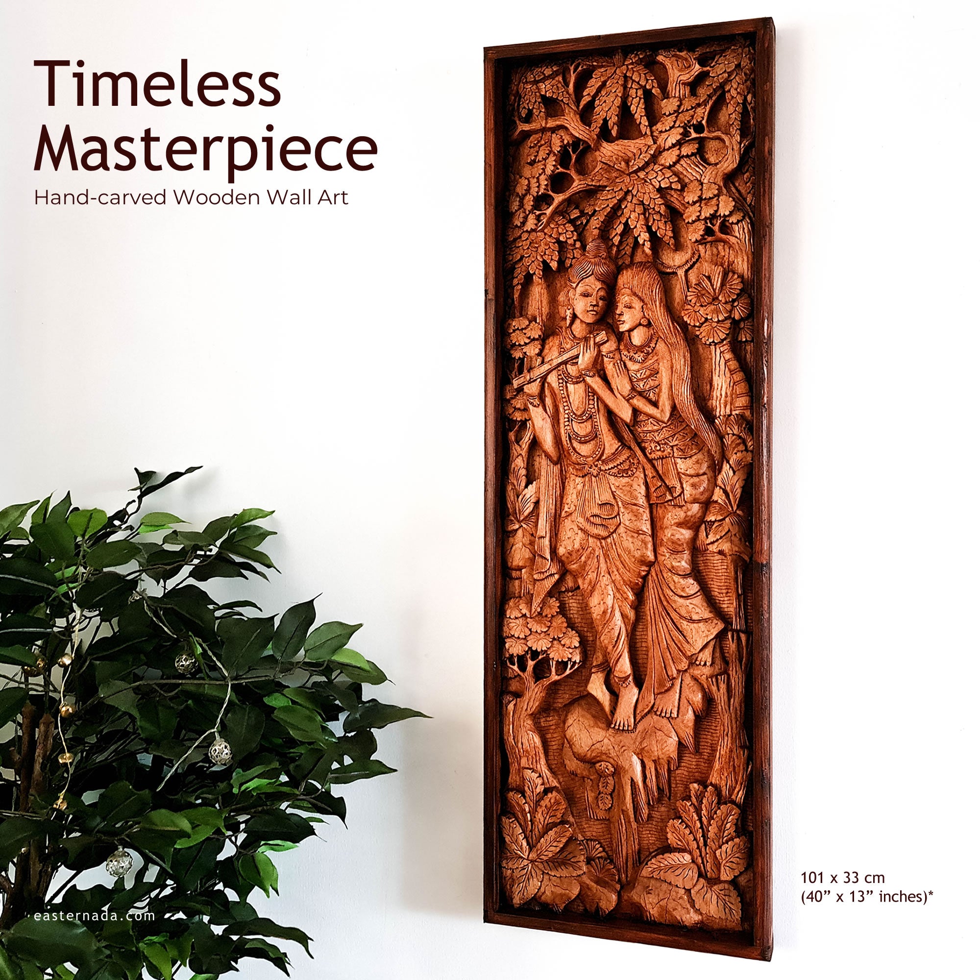 Radha Krishna Hindu God Mandir - Hand Carved Teakwood Decorative Long Wall Art Sculpture