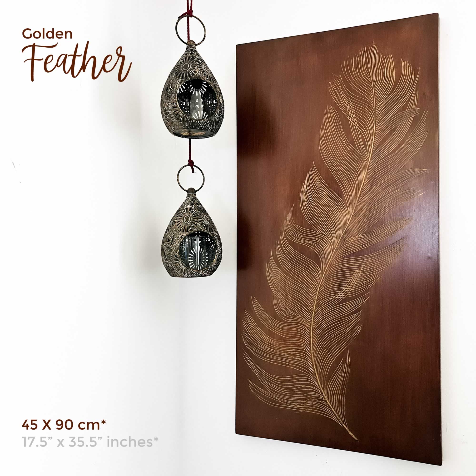 Golden Feather - Hand Carved Wooden Decorative Wall Art Sculpture Bohemian Wall Room Hanging Decor Easternada