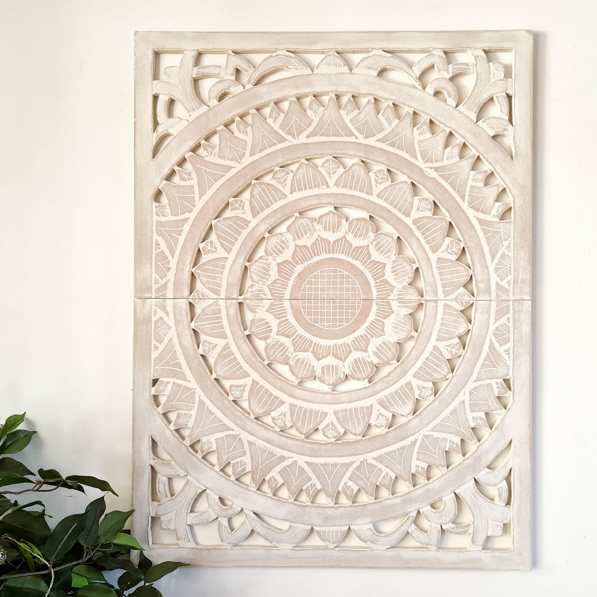 Carved Wooden Decorative Framed Mandala Panel Art Sculpture White Bohemian Hanging