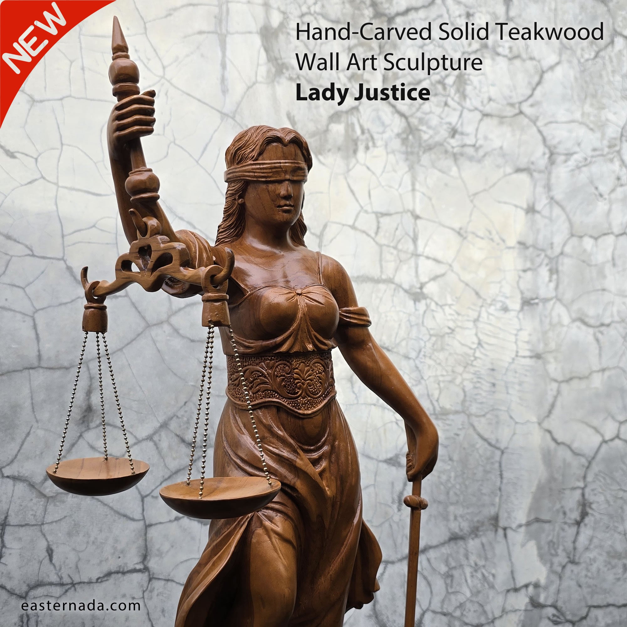 Hand-carved out of solid teakwood, this Lady Justice Greek Goddess sculpture is unique and rare.