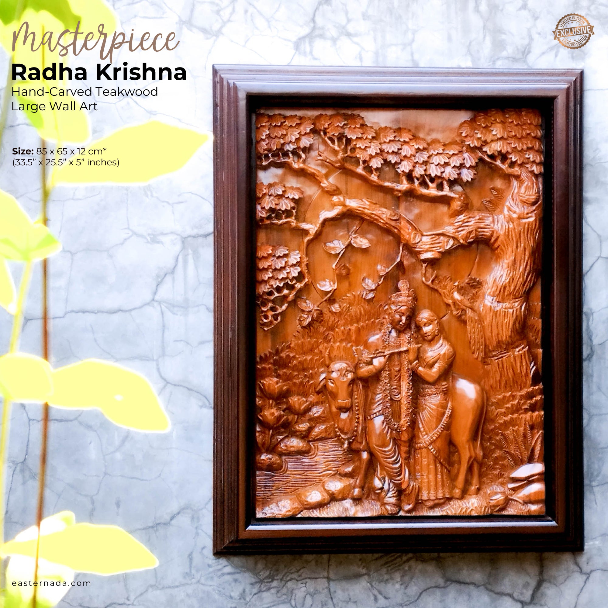 Radha Krishna Vrindavan Hindu Mandir - Hand Carved Teakwood Decorative Wall Art Sculpture