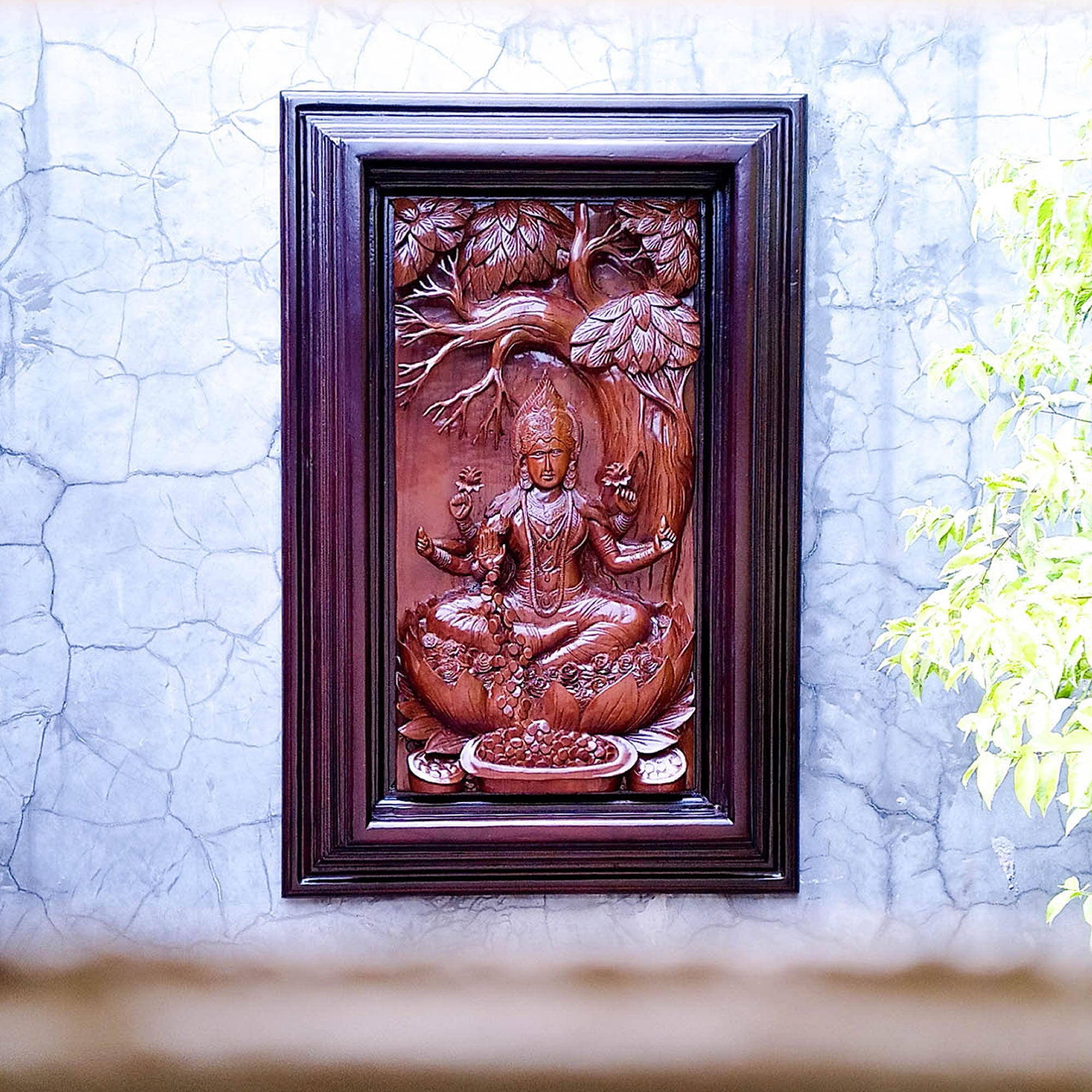 Hindu Goddess Laxmi Hand-Carved Teakwood Decorative Sculpture Mandir Wall Art