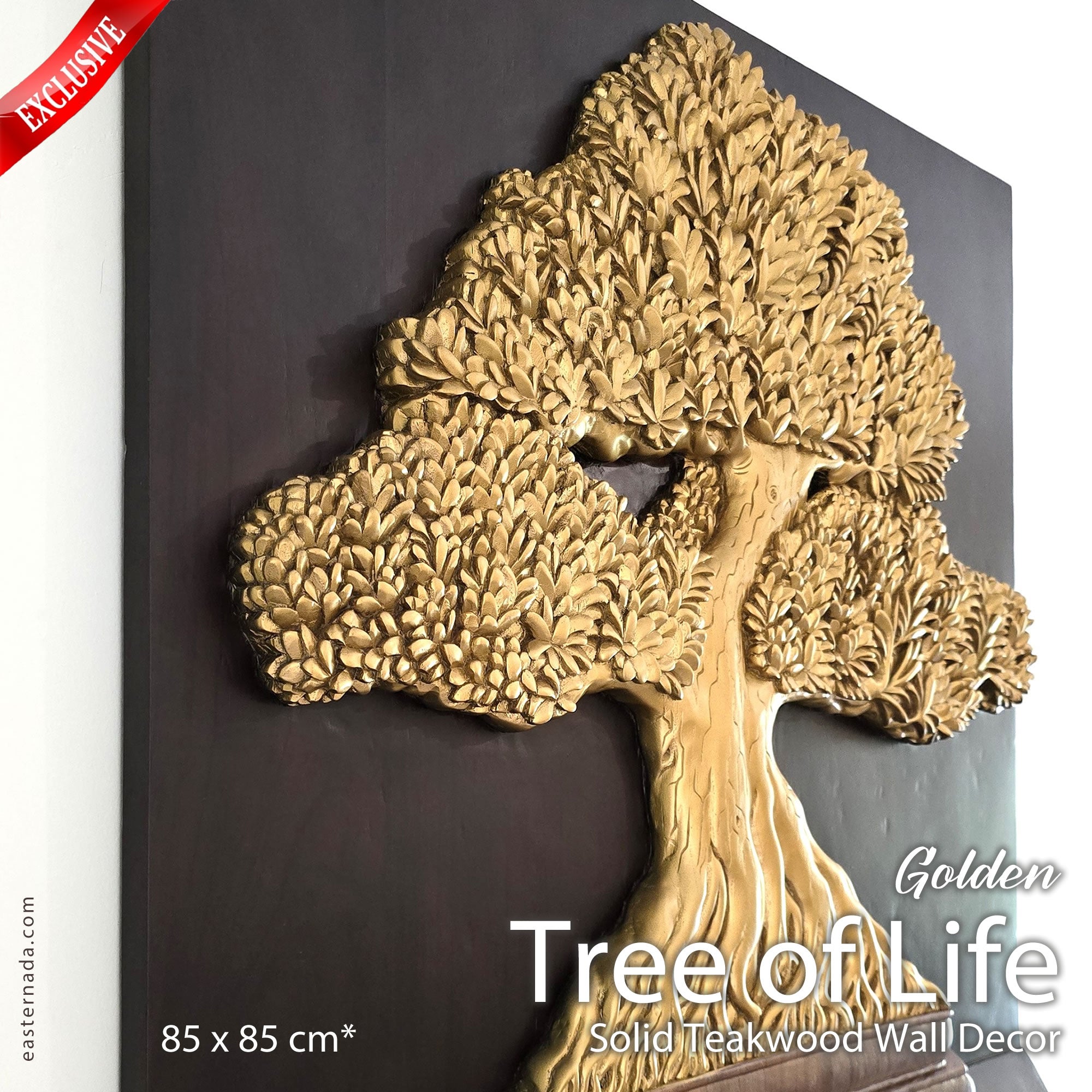 he Gilded Harmony Bonsai sculpture installed in a luxury living room; premium Feng Shui wall art by Easternada.